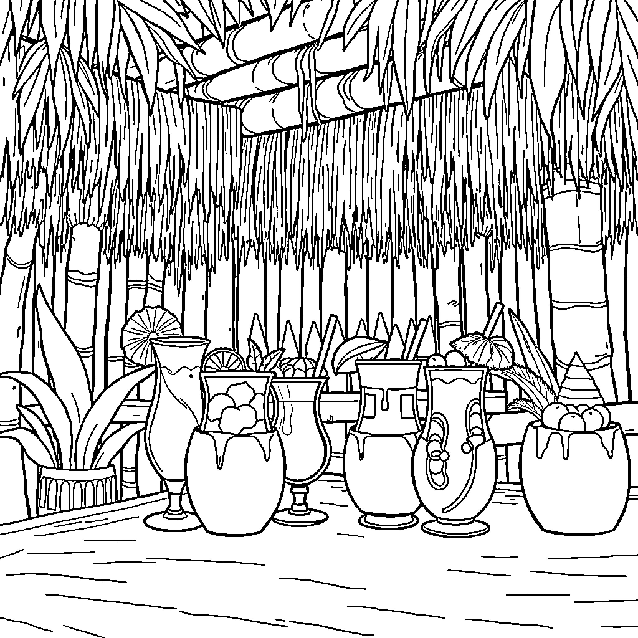 Tiki Bar with Tropical Drinks and Decor Coloring Page (free black-and-white line drawing printable PDF for all, from beginners to advanced learners, including children, teens, adults, and seniors)