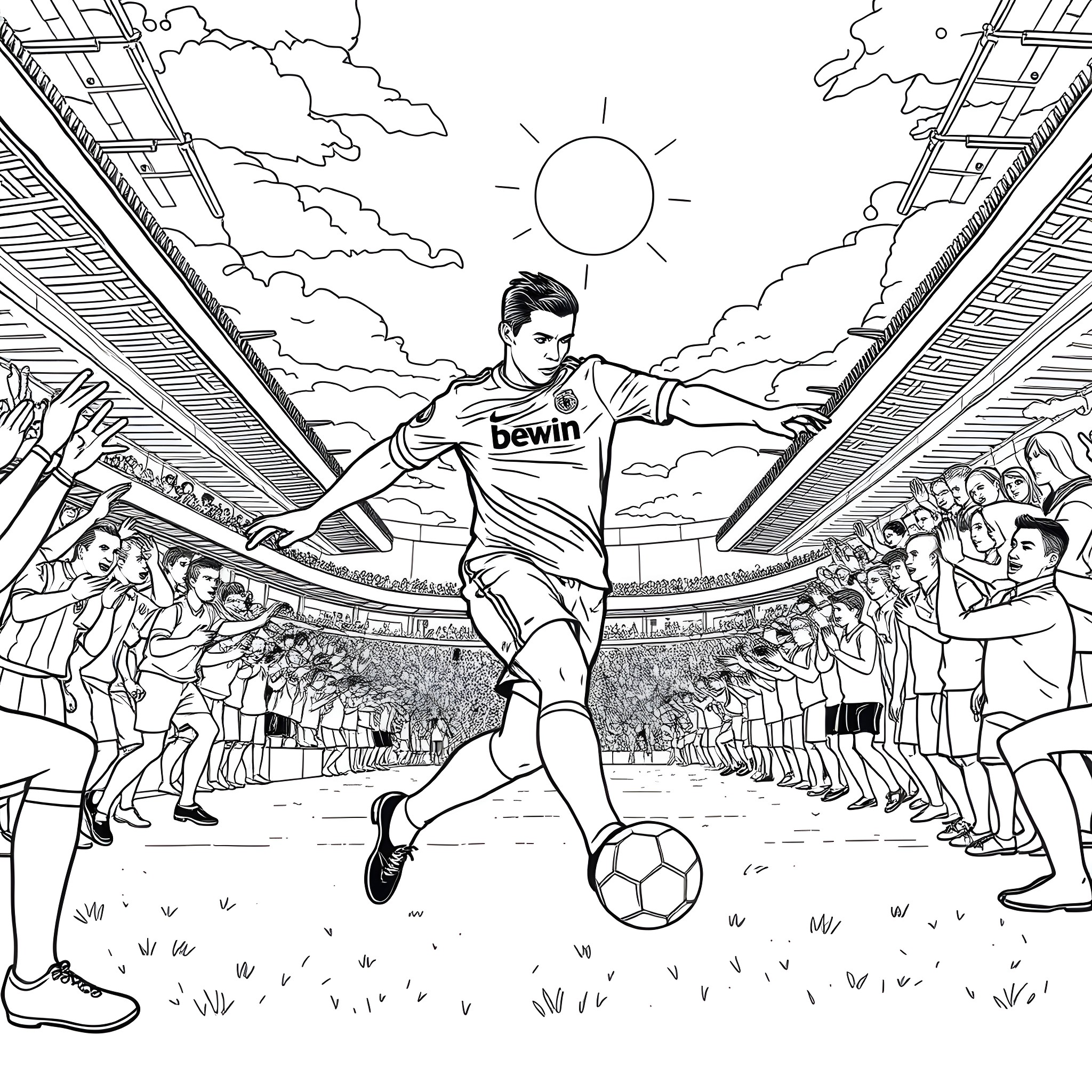Cristiano Ronaldo Football Player in Stadium Coloring Page (free black-and-white line drawing printable PDF for all, from beginners to advanced learners, including children, teens, adults, and seniors)