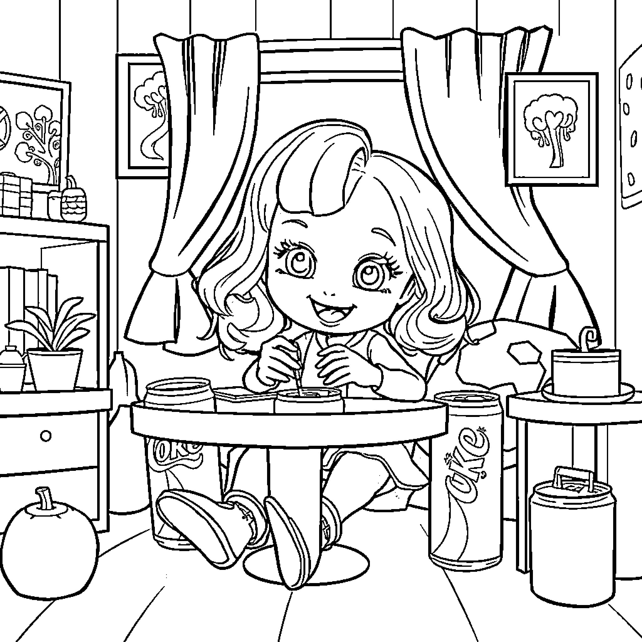 Gabby Baking Treats in the Kitchen Coloring Page (free black-and-white line drawing printable PDF for all, from beginners to advanced learners, including children, teens, adults, and seniors)