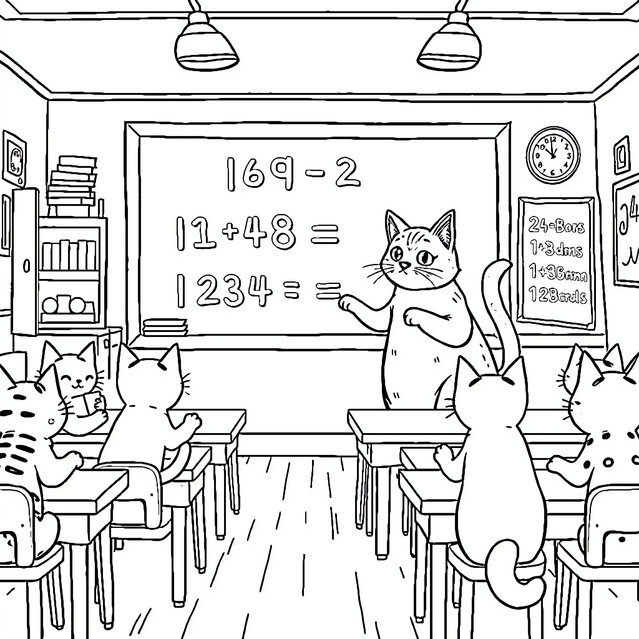 Cats teaching math in the classroom Coloring Page (free black-and-white line drawing printable PDF for all, from beginners to advanced learners, including children, teens, adults, and seniors)