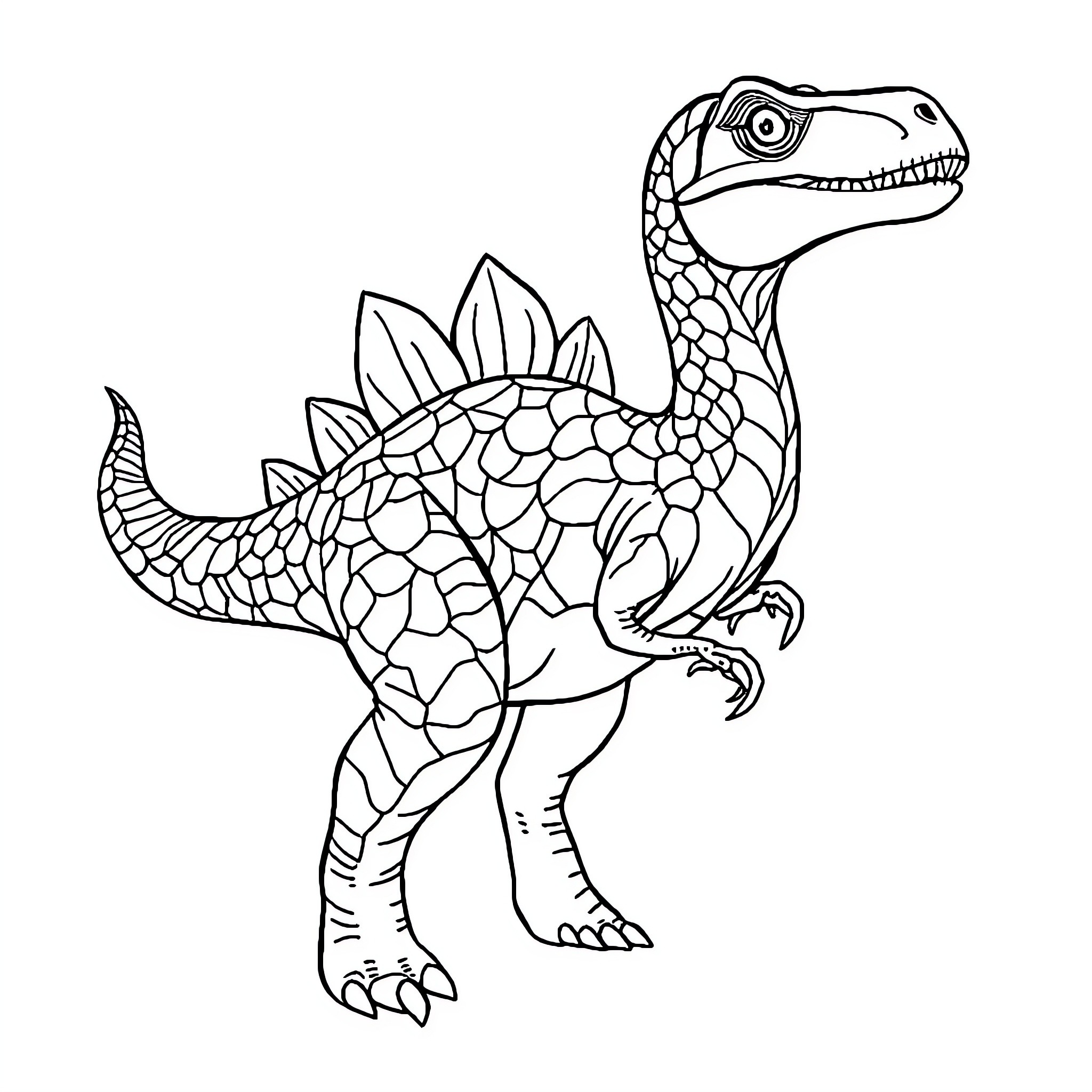 Dinosaur with intricate patterned scales Coloring Page (free black-and-white line drawing printable PDF for all, from beginners to advanced learners, including children, teens, adults, and seniors)