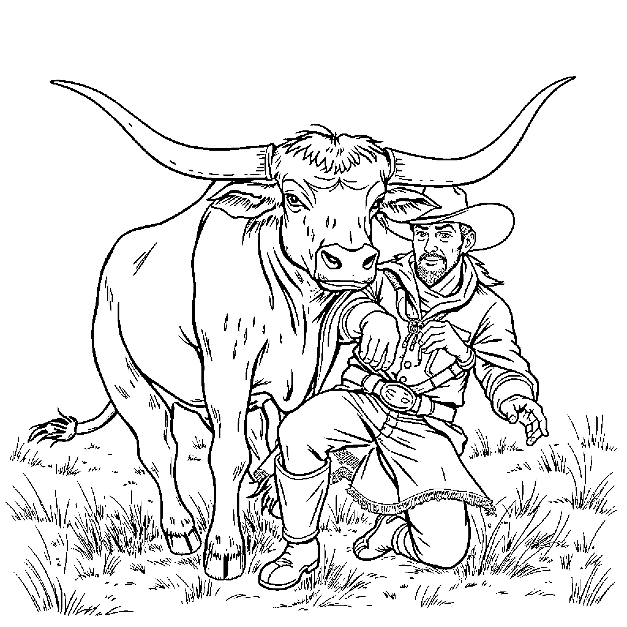 Longhorn and Cowboy in the Countryside Coloring Page (free black-and-white line drawing printable PDF for all, from beginners to advanced learners, including children, teens, adults, and seniors)