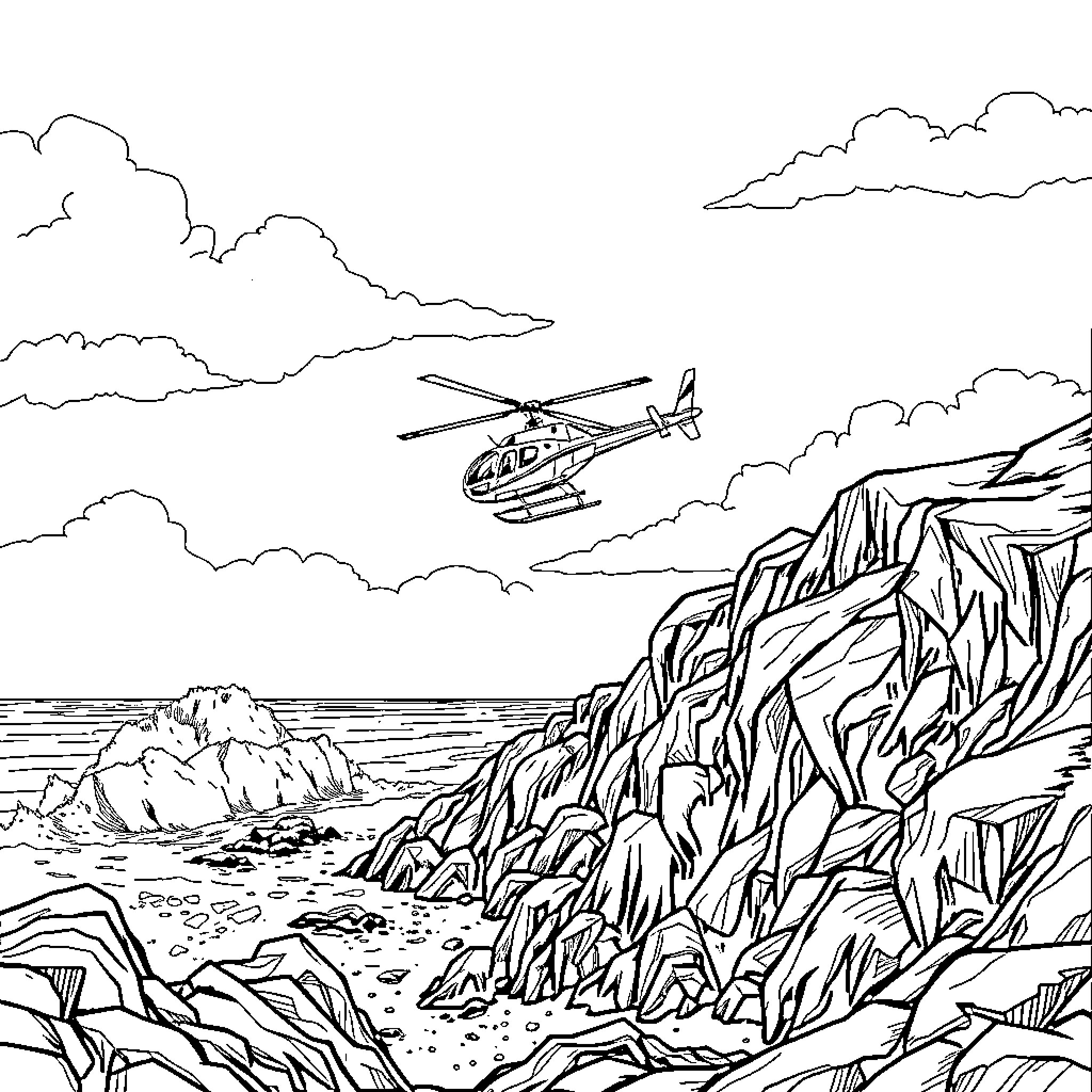 Helicopter soaring over rugged coastal landscape Coloring Page (free black-and-white line drawing printable PDF for all, from beginners to advanced learners, including children, teens, adults, and seniors)