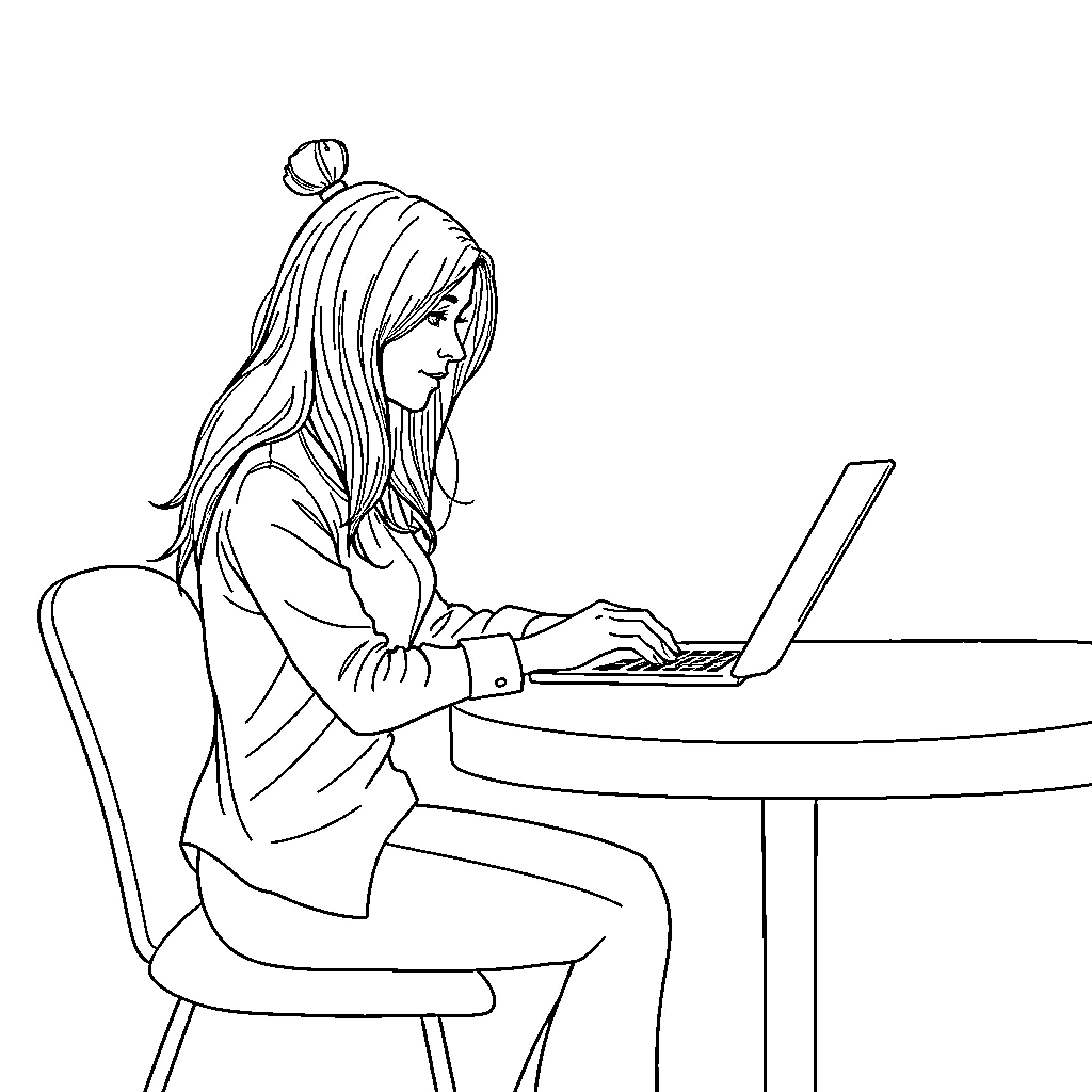 Woman focused on work at laptop Coloring Page (free black-and-white line drawing printable PDF for all, from beginners to advanced learners, including children, teens, adults, and seniors)