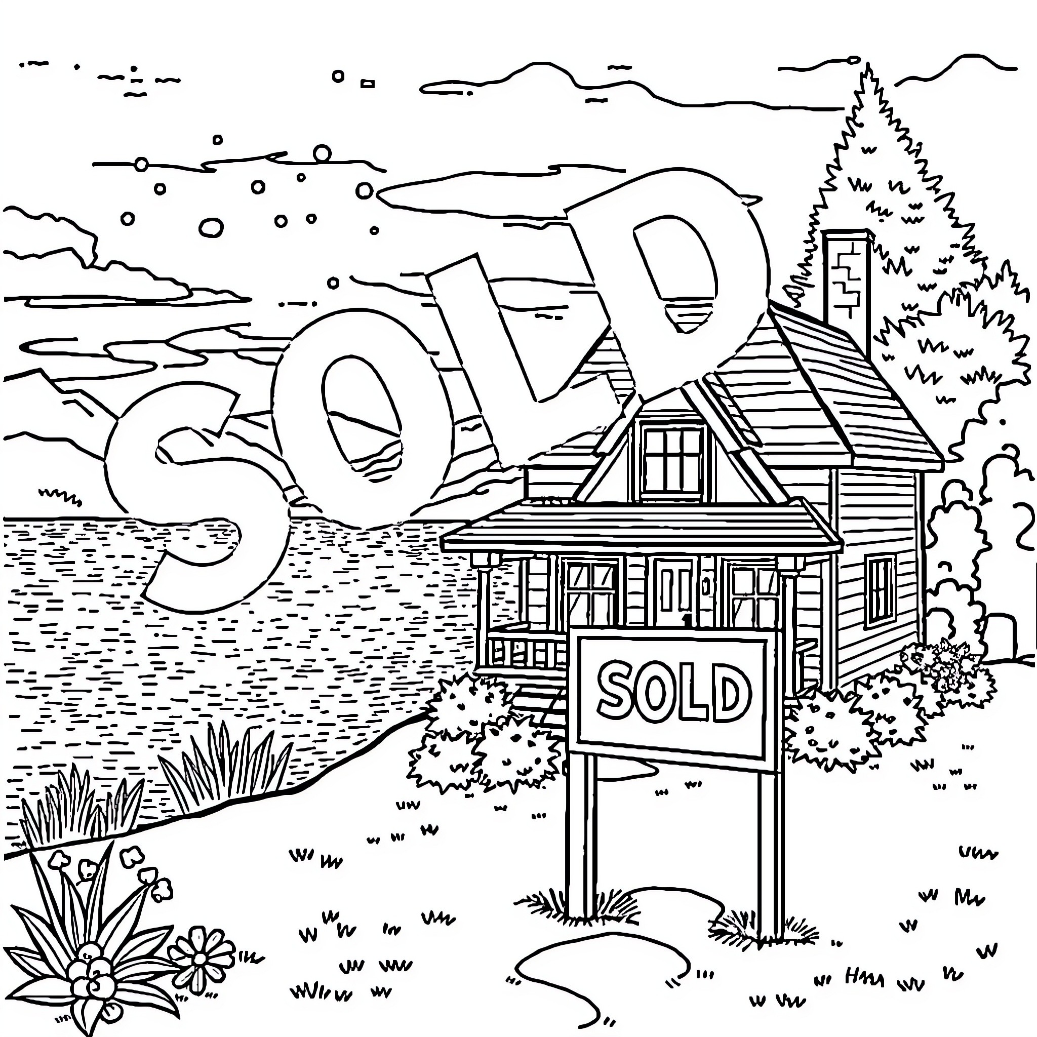 House with 'Sold' sign in scenic countryside Coloring Page (free black-and-white line drawing printable PDF for all, from beginners to advanced learners, including children, teens, adults, and seniors)