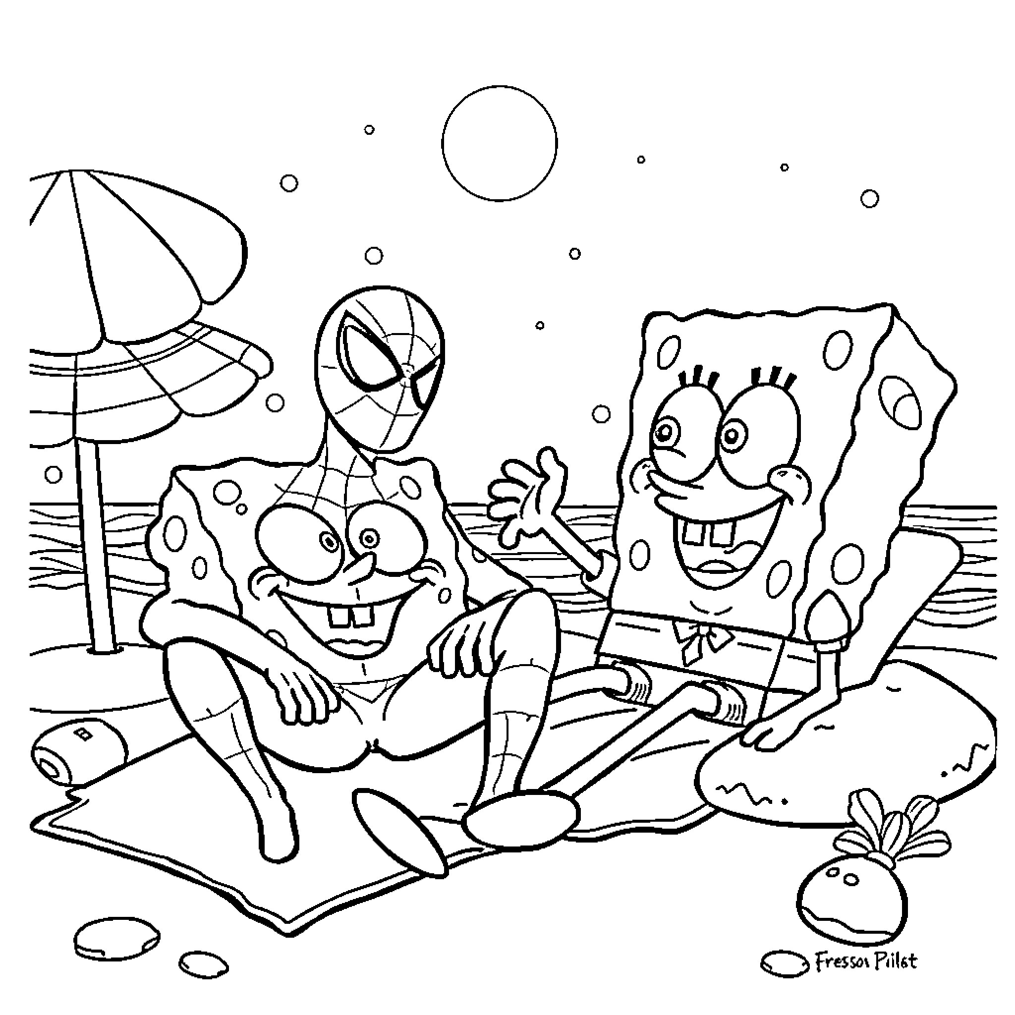 Spiderman and Spongebob enjoying a beach day Coloring Page (free black-and-white line drawing printable PDF for all, from beginners to advanced learners, including children, teens, adults, and seniors)