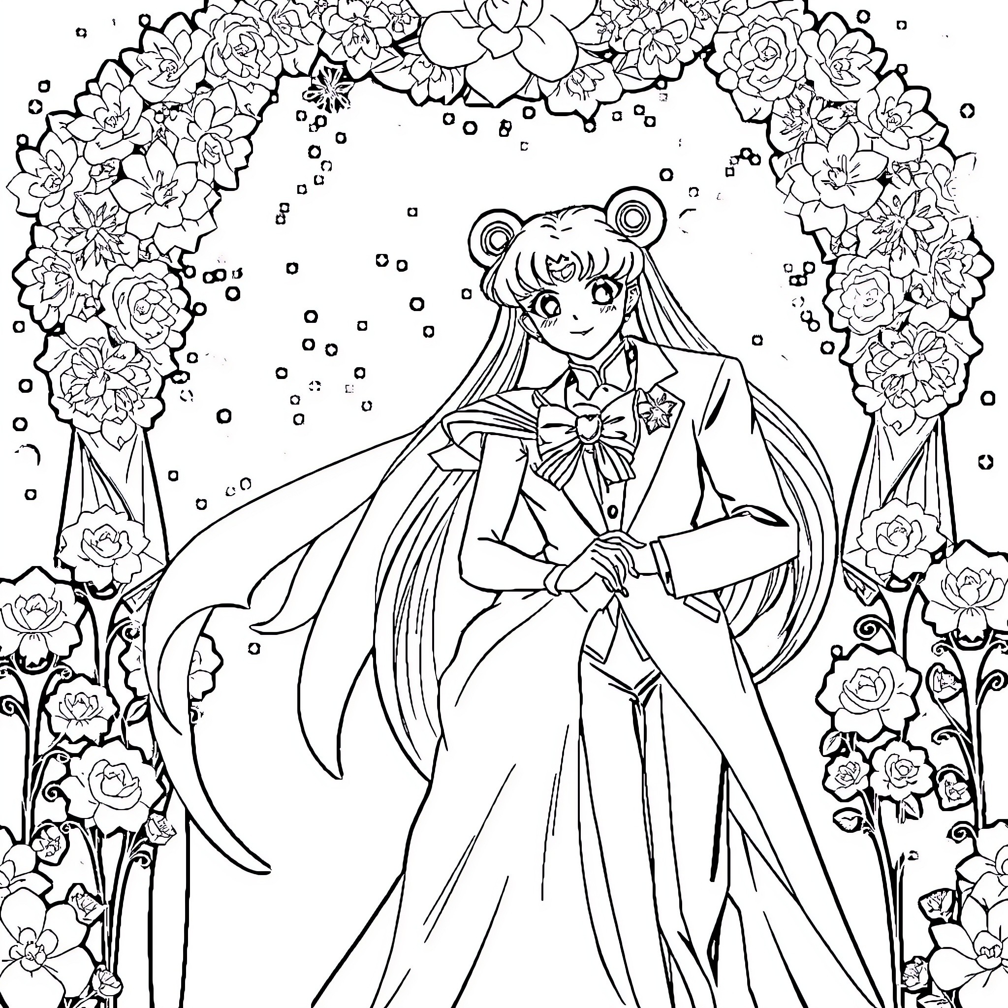 Sailor Moon in a Floral Wonderland Coloring Page (free black-and-white line drawing printable PDF for all, from beginners to advanced learners, including children, teens, adults, and seniors)