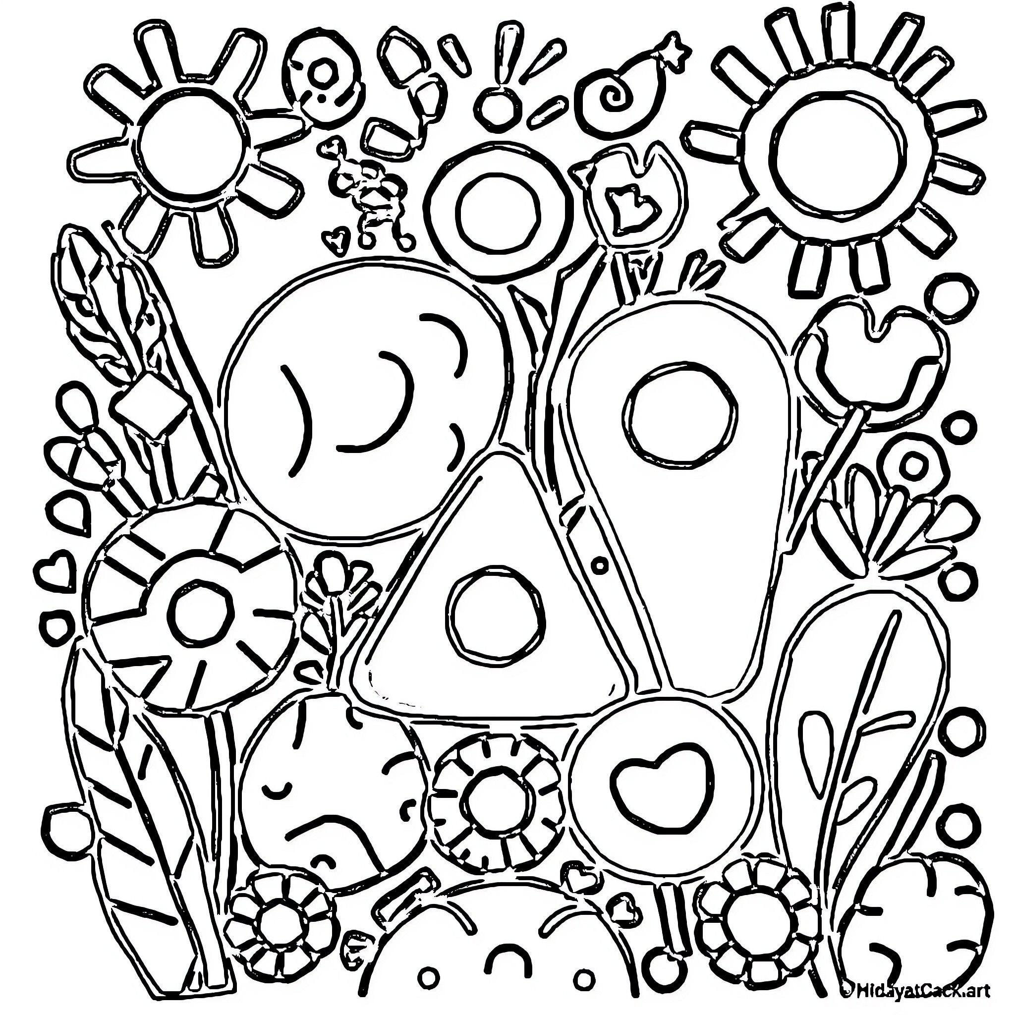 Hidayat's Whimsical Doodle Playground Coloring Page (free black-and-white line drawing printable PDF for all, from beginners to advanced learners, including children, teens, adults, and seniors)