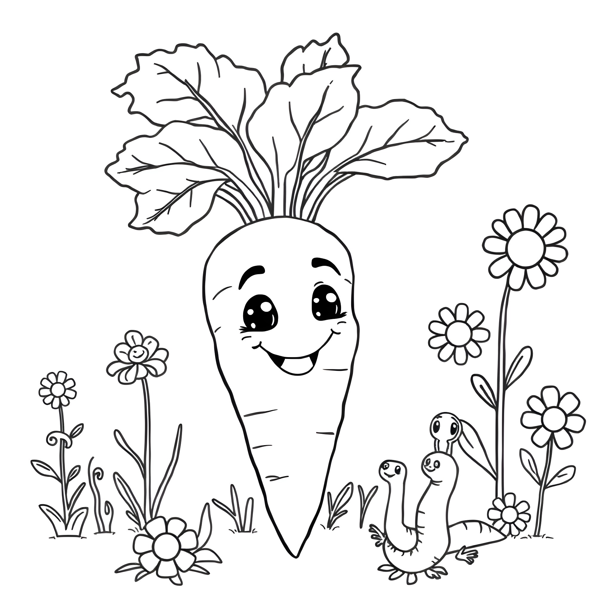 Carrot character playing happily with friends in garden Coloring Page (free black-and-white line drawing printable PDF for all, from beginners to advanced learners, including children, teens, adults, and seniors)