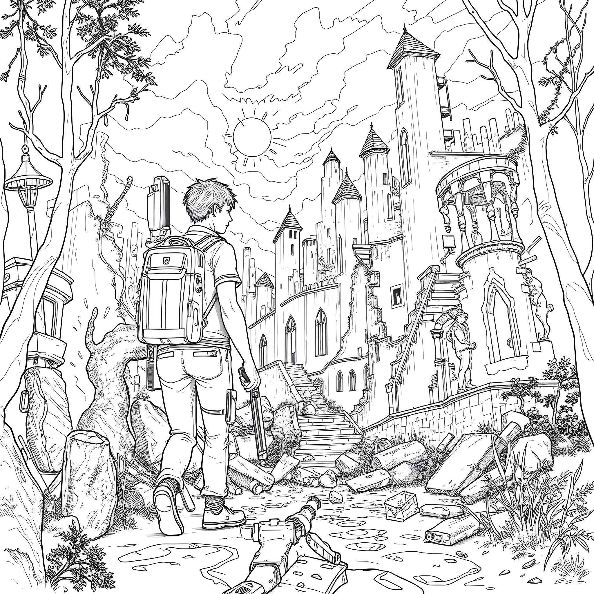 Video Game Character Exploring Fantastical Landscape Coloring Page (free black-and-white line drawing printable PDF for all, from beginners to advanced learners, including children, teens, adults, and seniors)