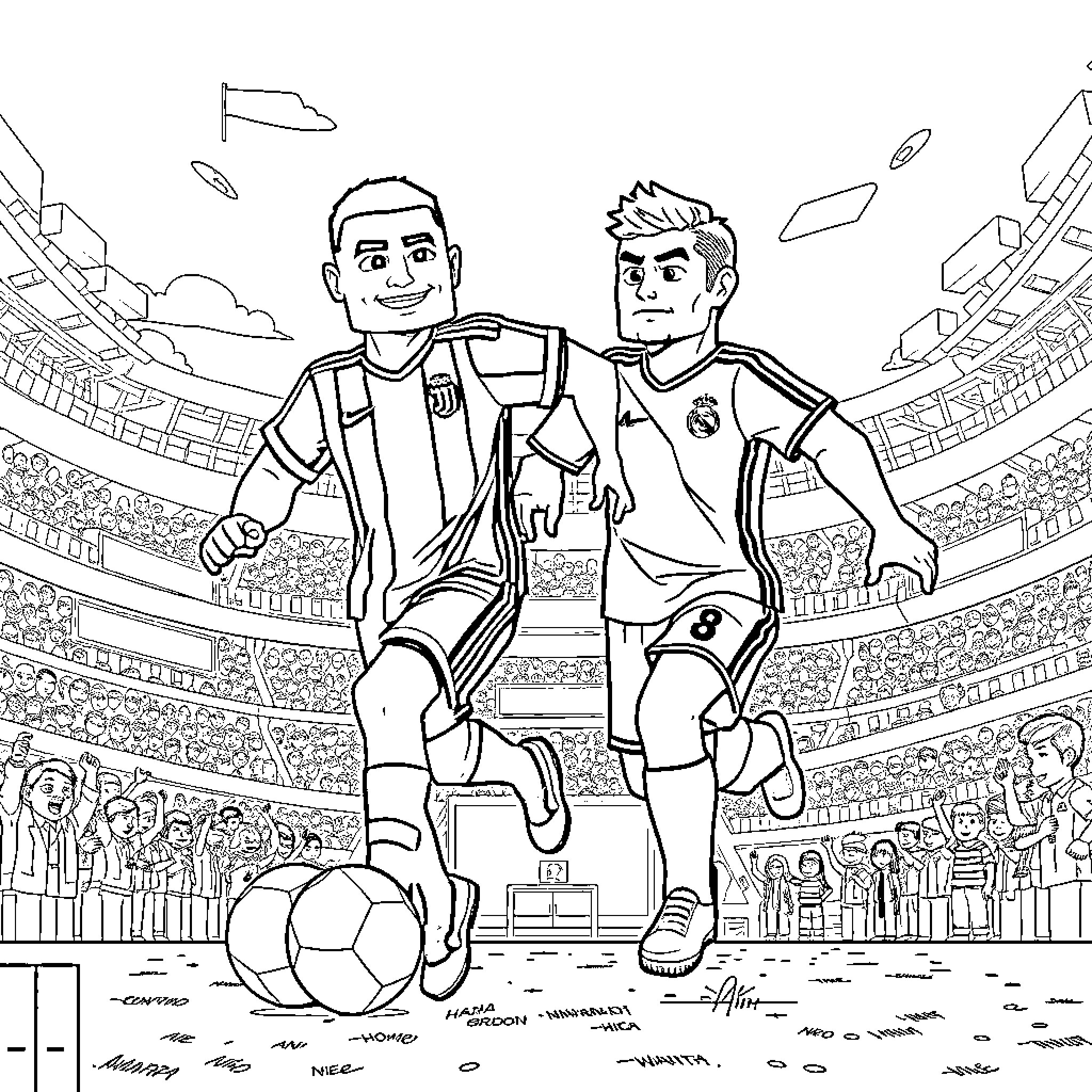 Mbappe and Ronaldo in Soccer Match Coloring Page (free black-and-white line drawing printable PDF for all, from beginners to advanced learners, including children, teens, adults, and seniors)