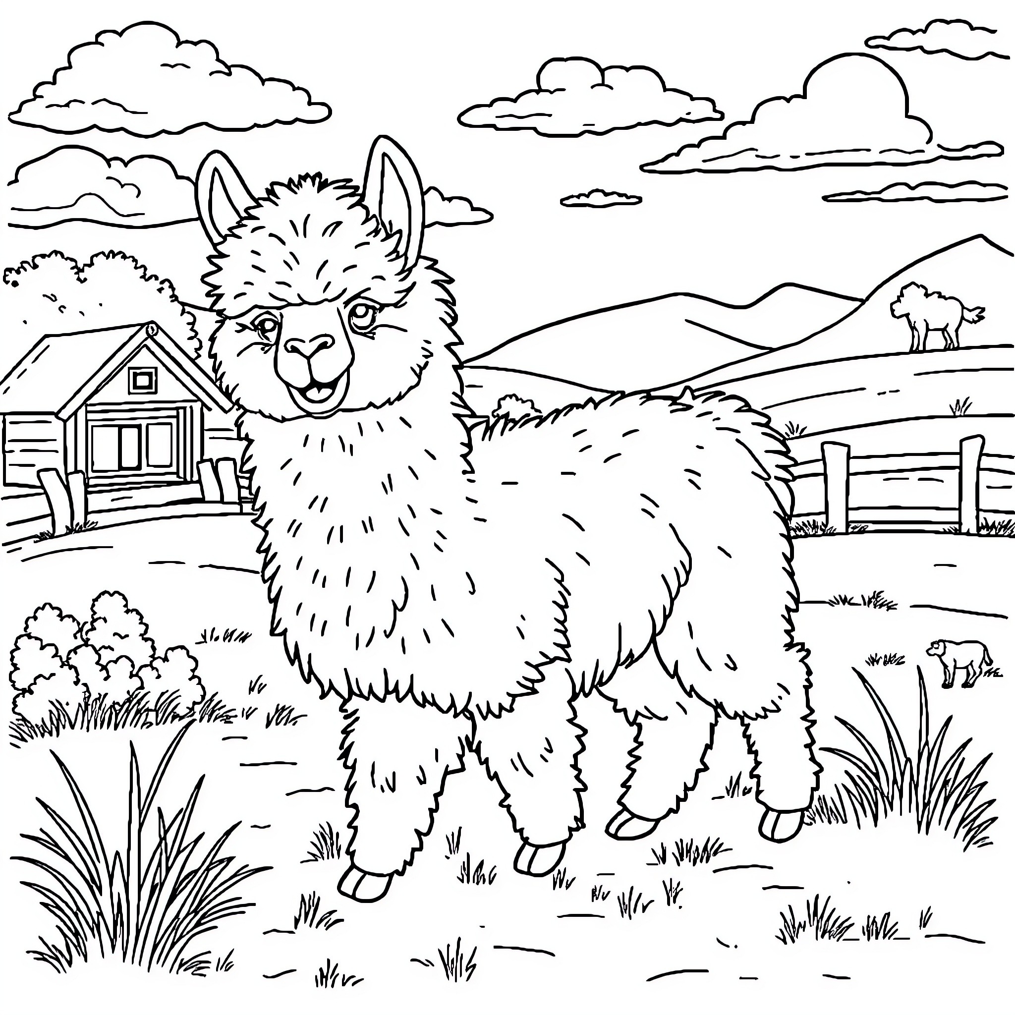 Alpaca enjoying the countryside landscape Coloring Page (free black-and-white line drawing printable PDF for all, from beginners to advanced learners, including children, teens, adults, and seniors)