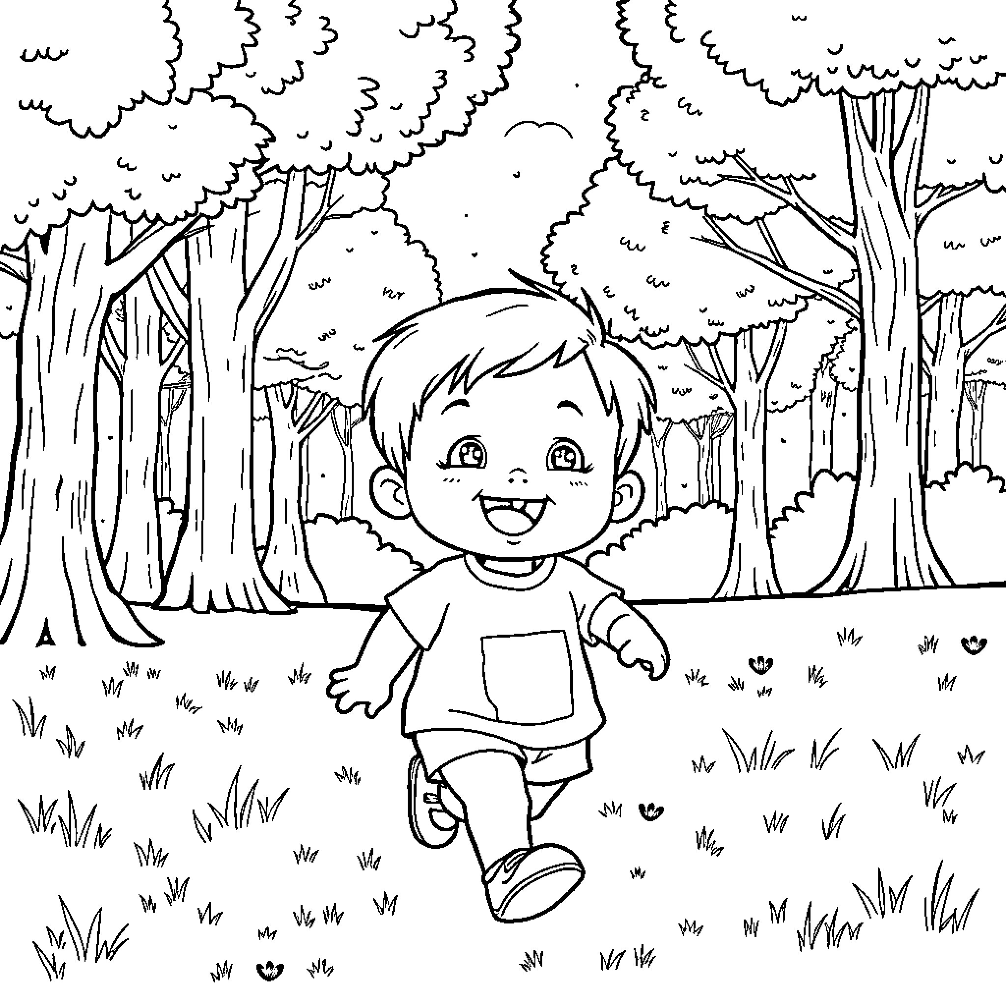 Tooth Boy exploring the forest happily Coloring Page (free black-and-white line drawing printable PDF for all, from beginners to advanced learners, including children, teens, adults, and seniors)