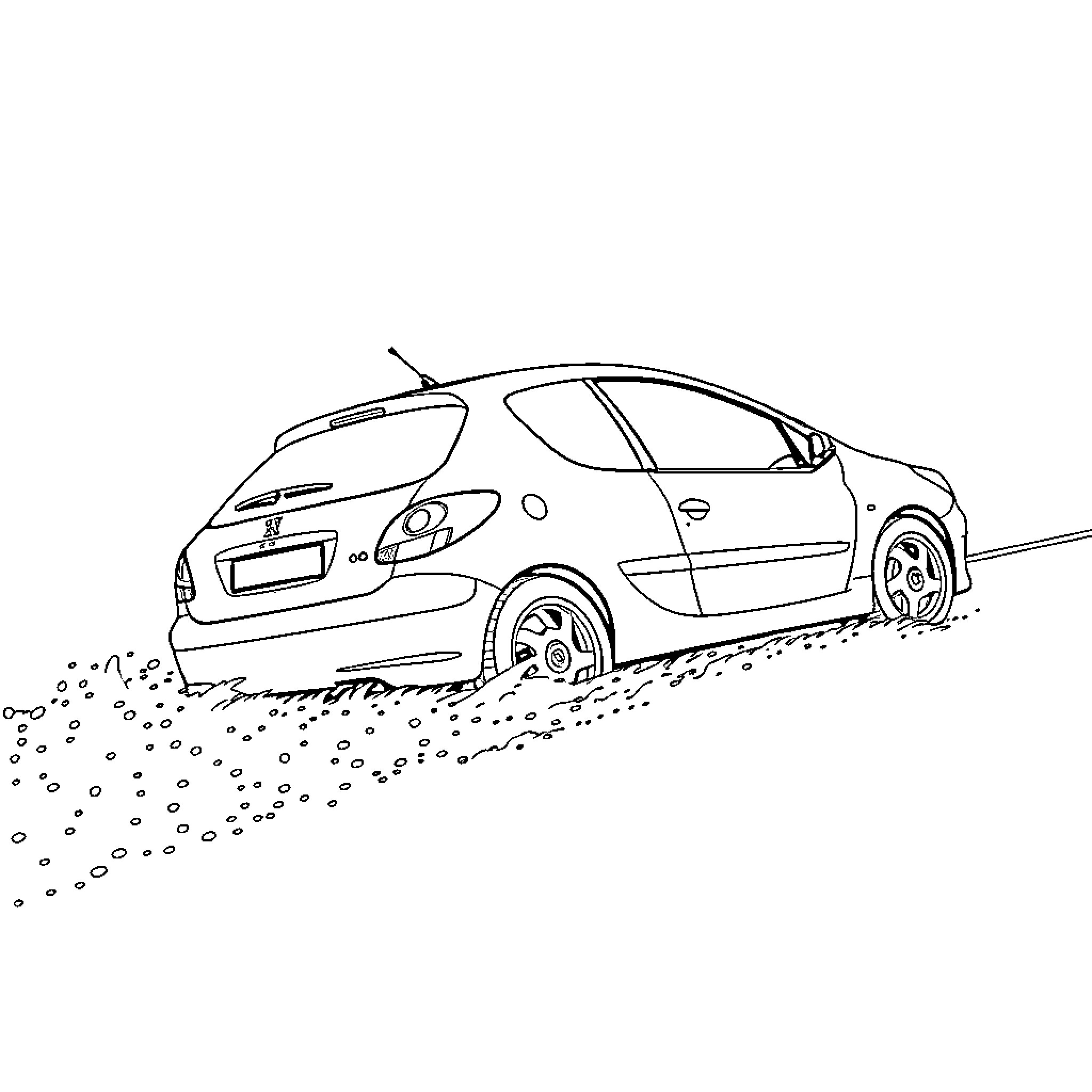 Peugeot vehicle driving through dirt road Coloring Page (free black-and-white line drawing printable PDF for all, from beginners to advanced learners, including children, teens, adults, and seniors)
