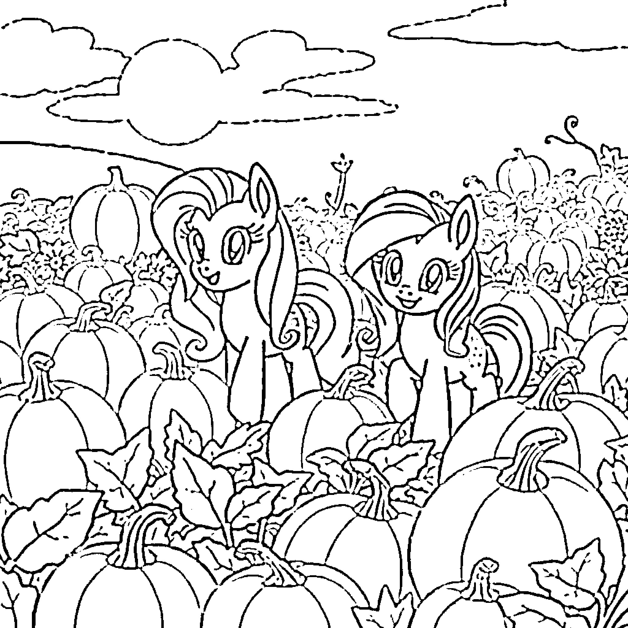 Pony friends in a pumpkin patch Coloring Page (free black-and-white line drawing printable PDF for all, from beginners to advanced learners, including children, teens, adults, and seniors)