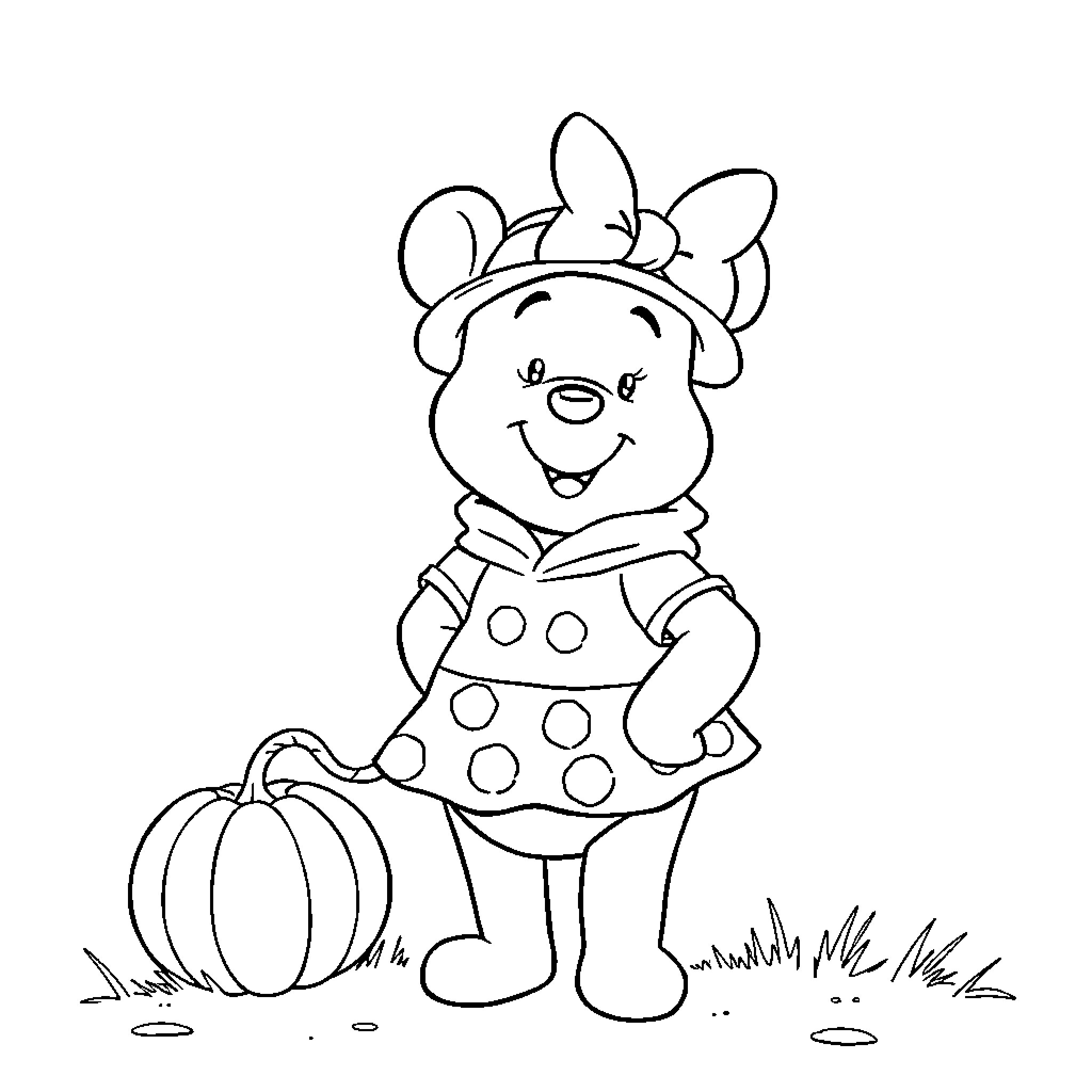 Pooh Bear in polka dot dress with pumpkin Coloring Page (free black-and-white line drawing printable PDF for all, from beginners to advanced learners, including children, teens, adults, and seniors)