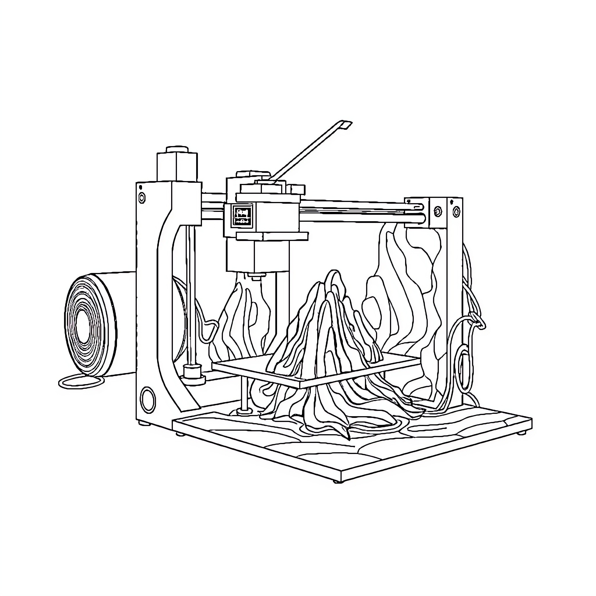 3-D Printer Creating Intricate Designs Coloring Page (free black-and-white line drawing printable PDF for all, from beginners to advanced learners, including children, teens, adults, and seniors)