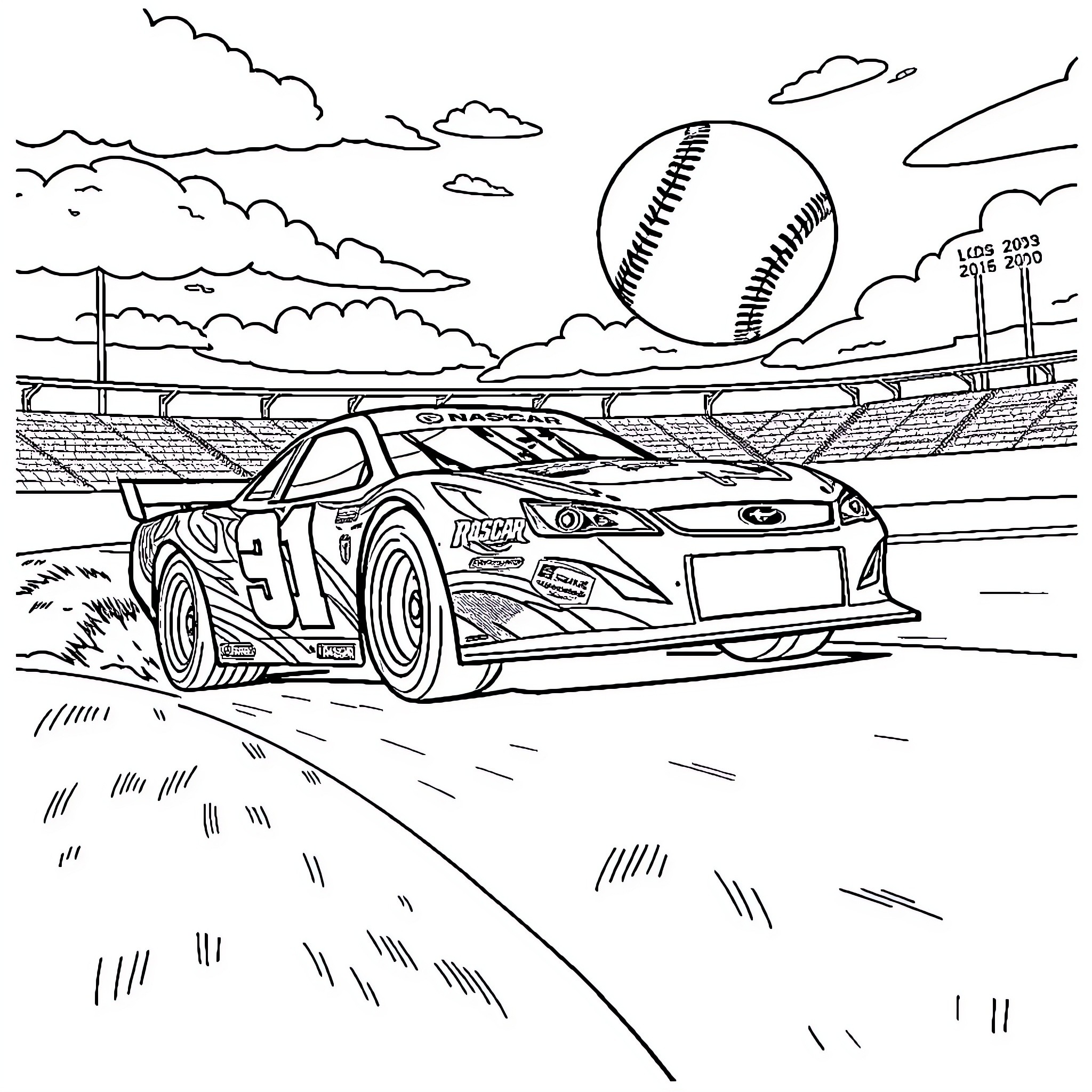 Nascar race car speeding on track under cloudy sky Coloring Page (free black-and-white line drawing printable PDF for all, from beginners to advanced learners, including children, teens, adults, and seniors)