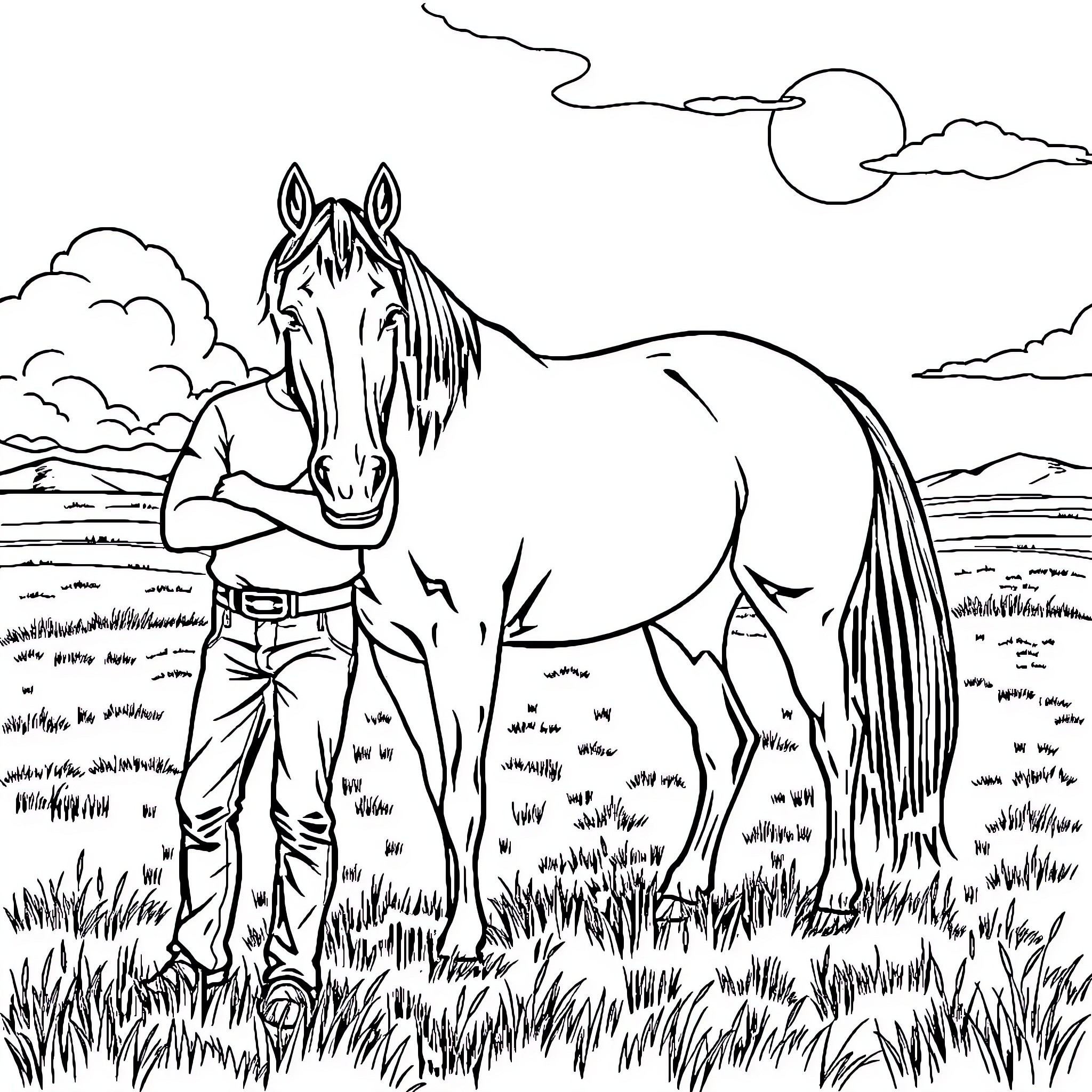 Man standing next to a horse in a landscape Coloring Page (free black-and-white line drawing printable PDF for all, from beginners to advanced learners, including children, teens, adults, and seniors)