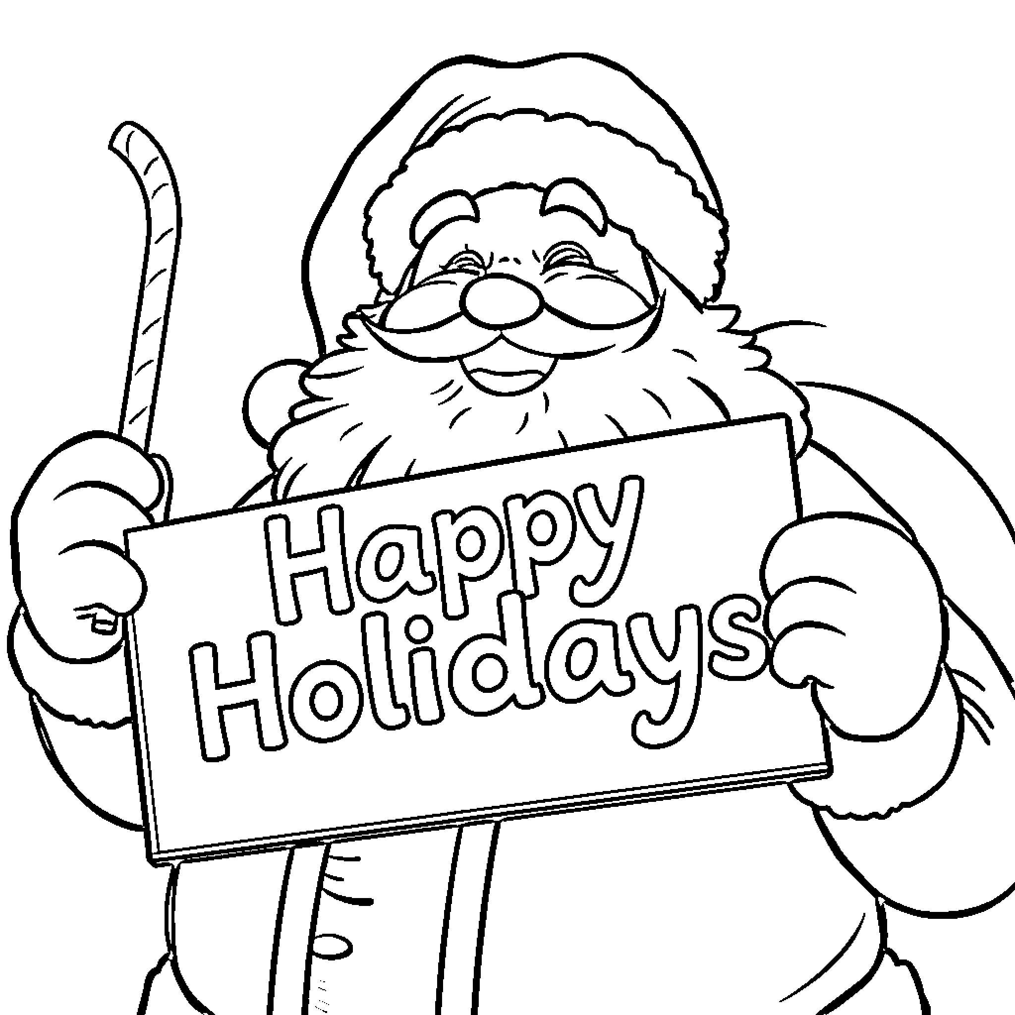Santa Claus spreading holiday cheer with sign Coloring Page (free black-and-white line drawing printable PDF for all, from beginners to advanced learners, including children, teens, adults, and seniors)