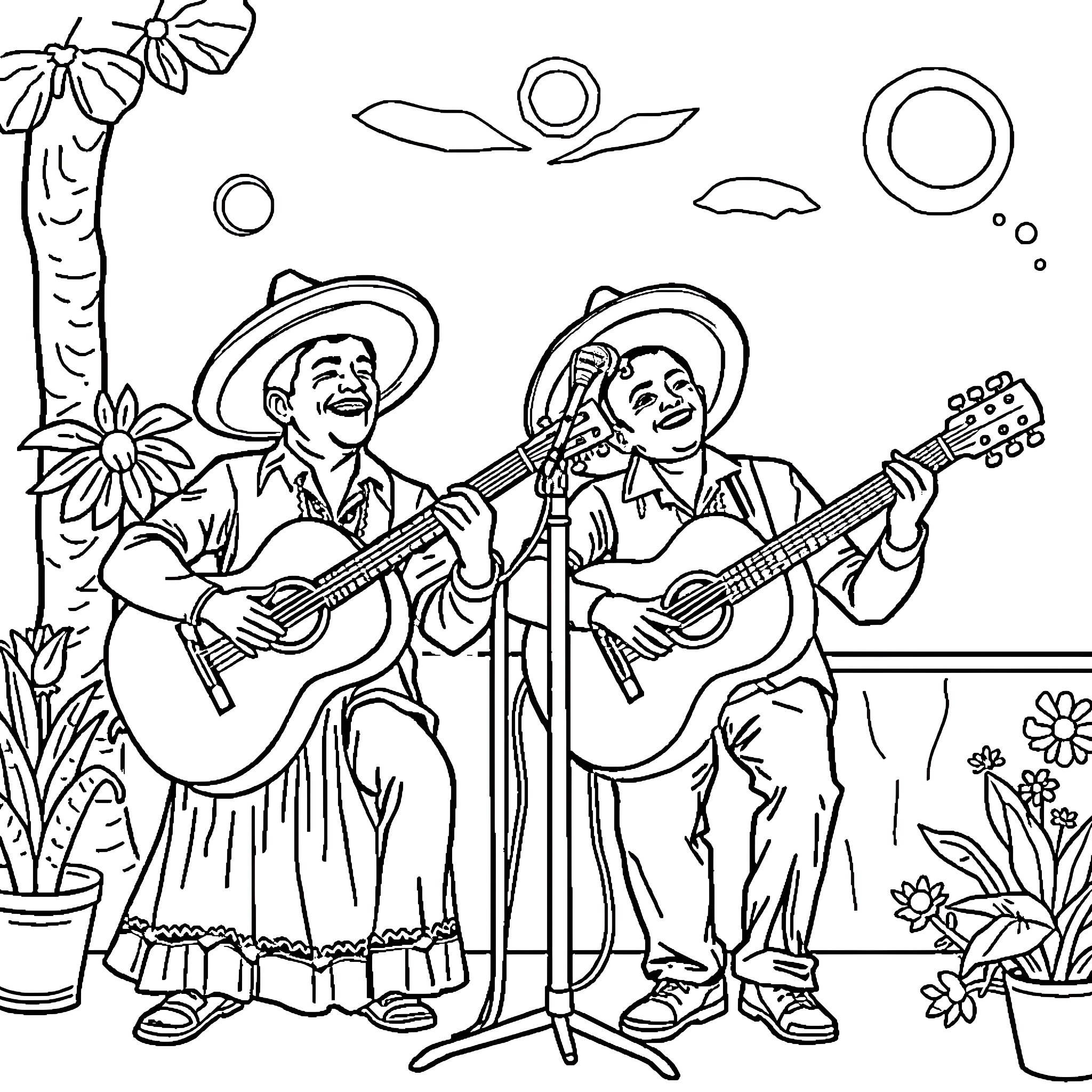 Los Dos de Tamaulipas: Mariachi Duo Performing Outdoors Coloring Page (free black-and-white line drawing printable PDF for all, from beginners to advanced learners, including children, teens, adults, and seniors)