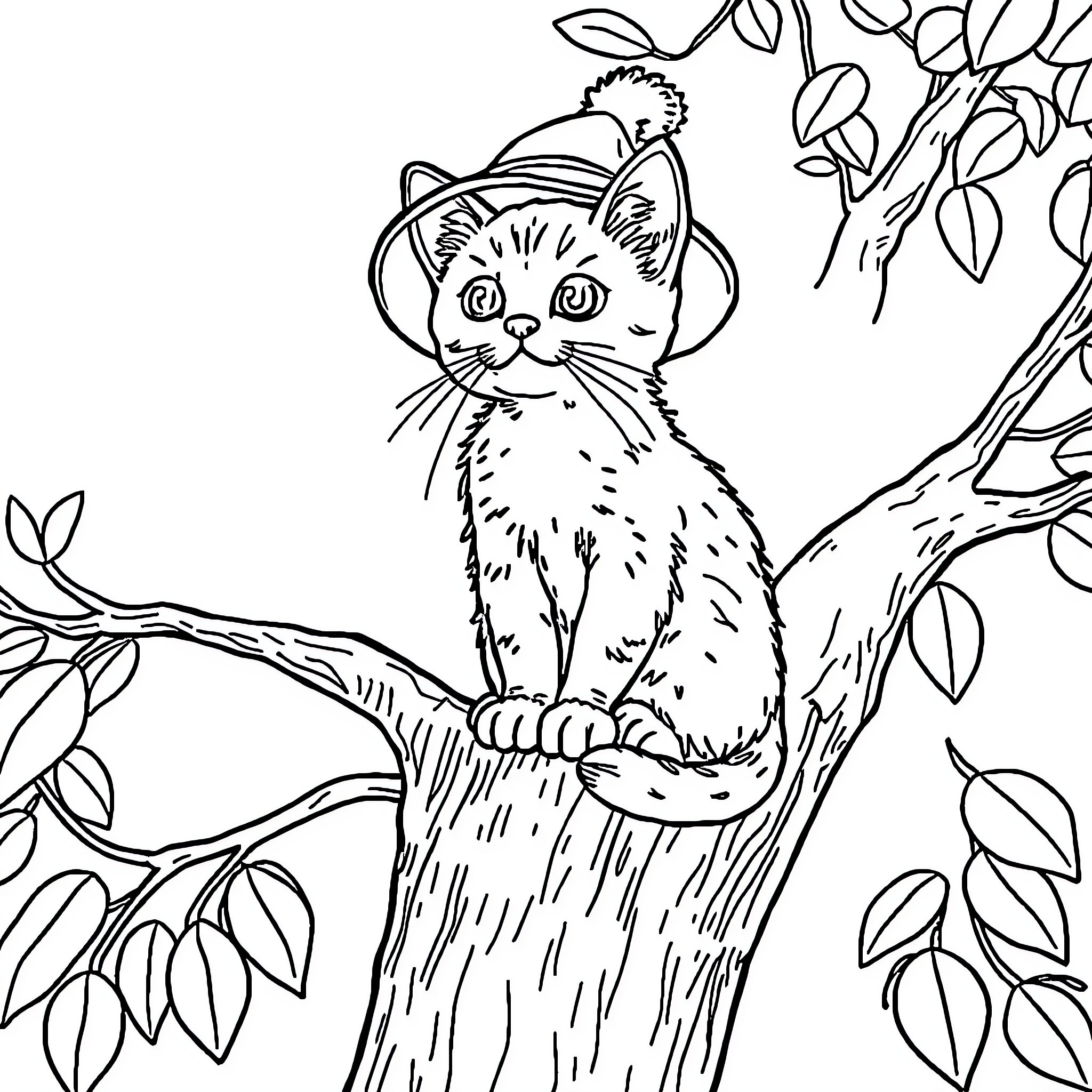 Cat exploring a tree branch in nature Coloring Page (free black-and-white line drawing printable PDF for all, from beginners to advanced learners, including children, teens, adults, and seniors)