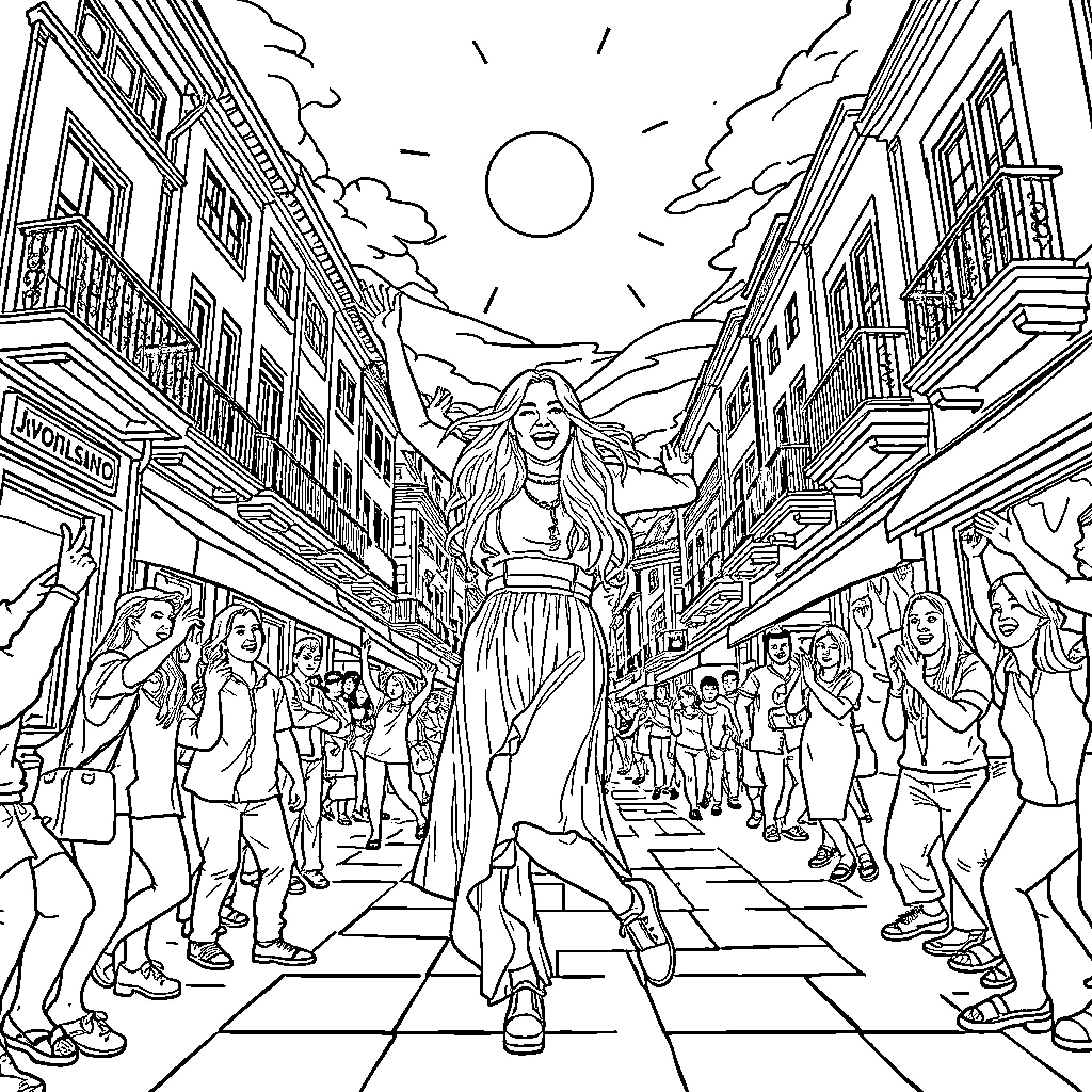 Billie Eilish strutting through a lively city street Coloring Page (free black-and-white line drawing printable PDF for all, from beginners to advanced learners, including children, teens, adults, and seniors)