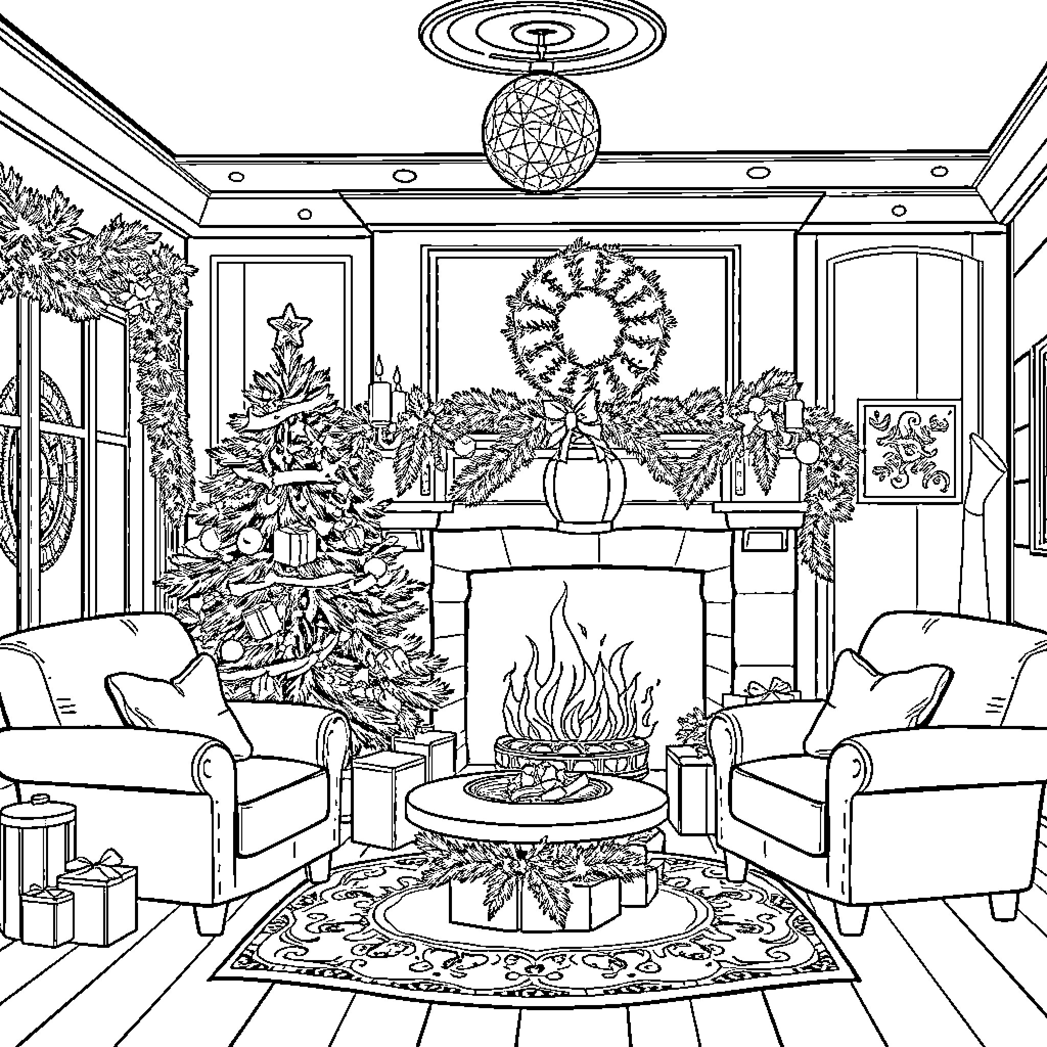 Salon Winter Holiday Decor and Fireplace Scene Coloring Page (free black-and-white line drawing printable PDF for all, from beginners to advanced learners, including children, teens, adults, and seniors)