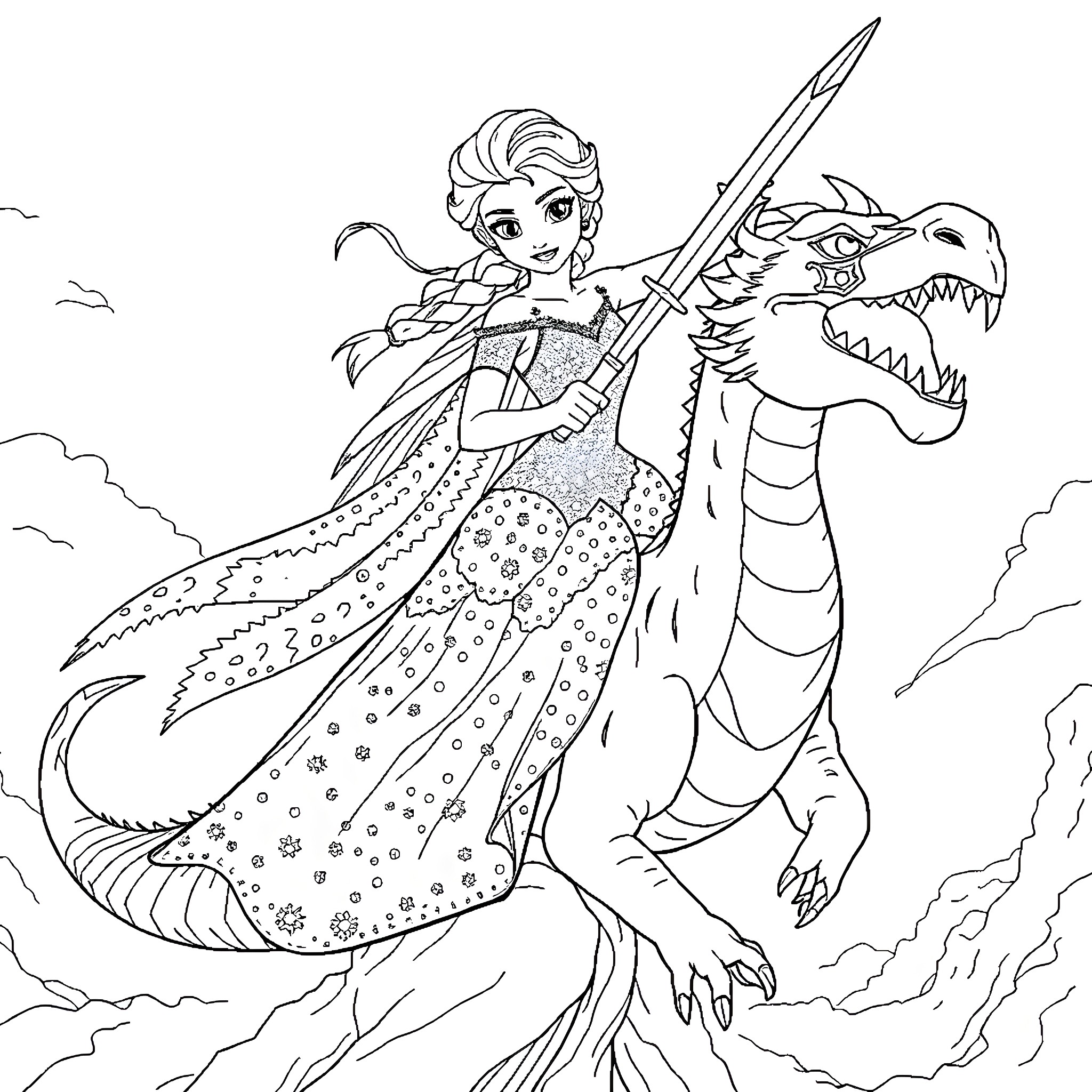 Princess Elsa riding a fierce dragon Coloring Page (free black-and-white line drawing printable PDF for all, from beginners to advanced learners, including children, teens, adults, and seniors)