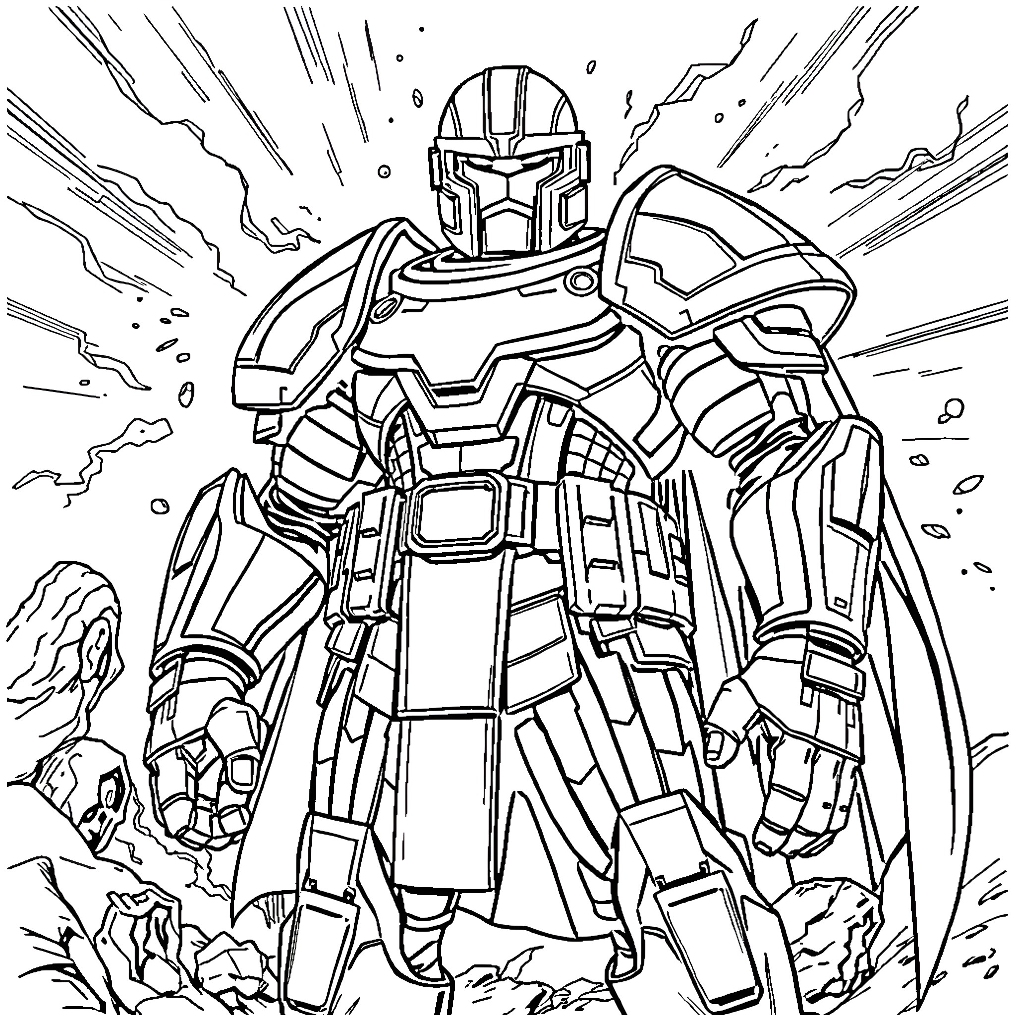 Kang's Heroic Mech Warrior in Action Coloring Page (free black-and-white line drawing printable PDF for all, from beginners to advanced learners, including children, teens, adults, and seniors)