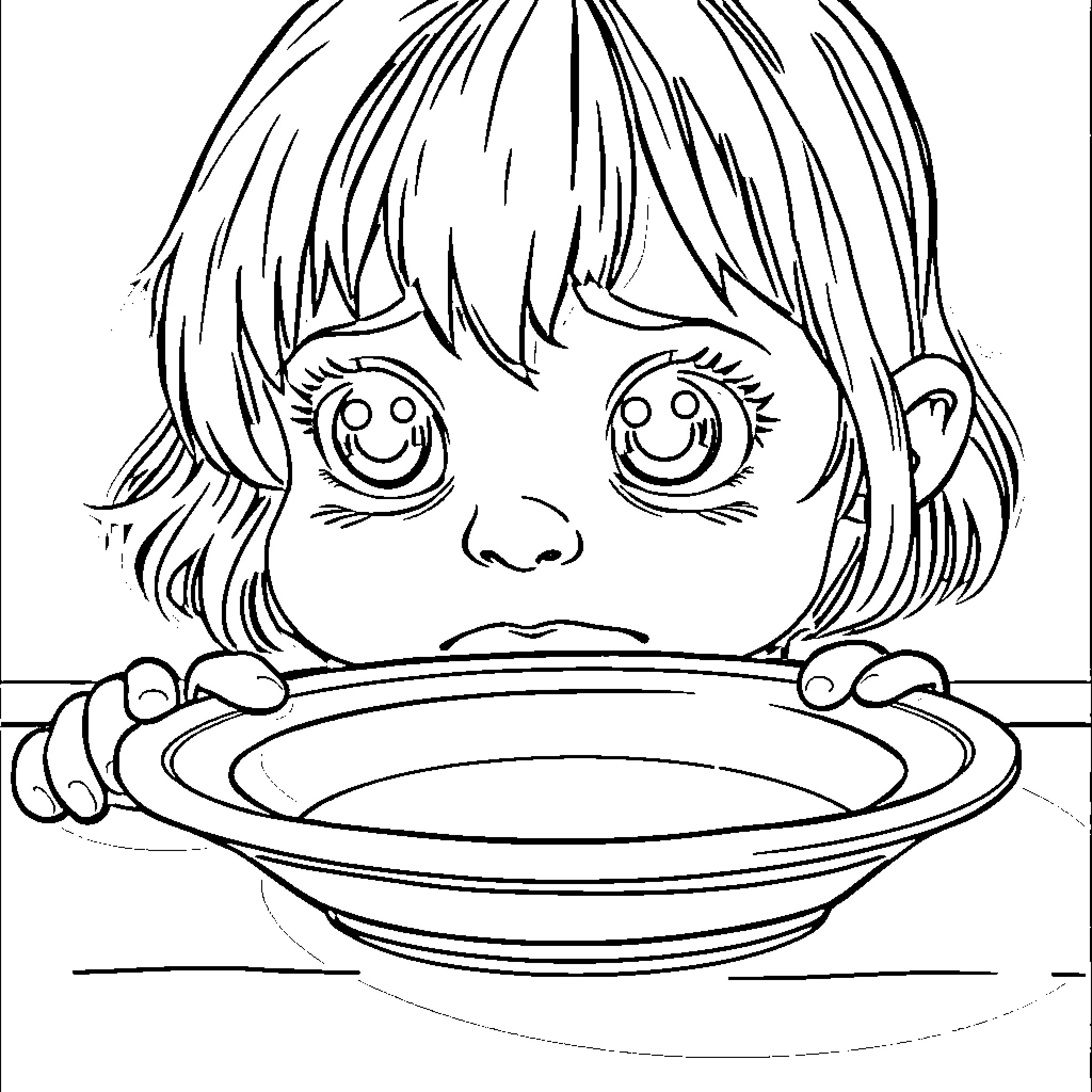 Child's Playful Mealtime Coloring Page (free black-and-white line drawing printable PDF for all, from beginners to advanced learners, including children, teens, adults, and seniors)