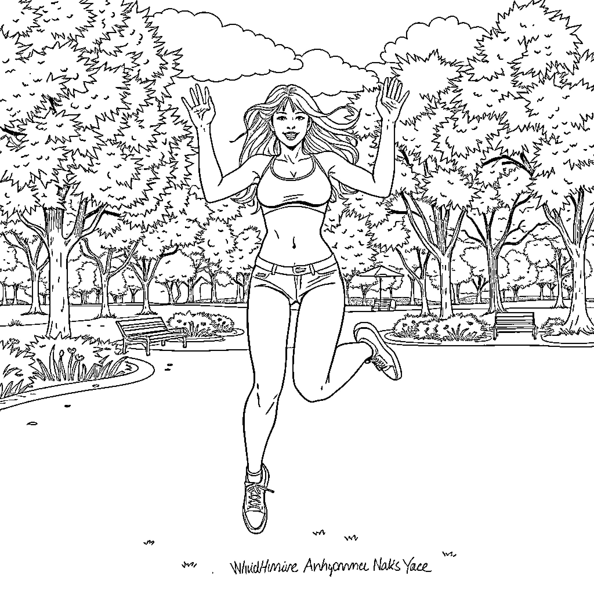 Blonde woman jogging joyfully in the park Coloring Page (free black-and-white line drawing printable PDF for all, from beginners to advanced learners, including children, teens, adults, and seniors)