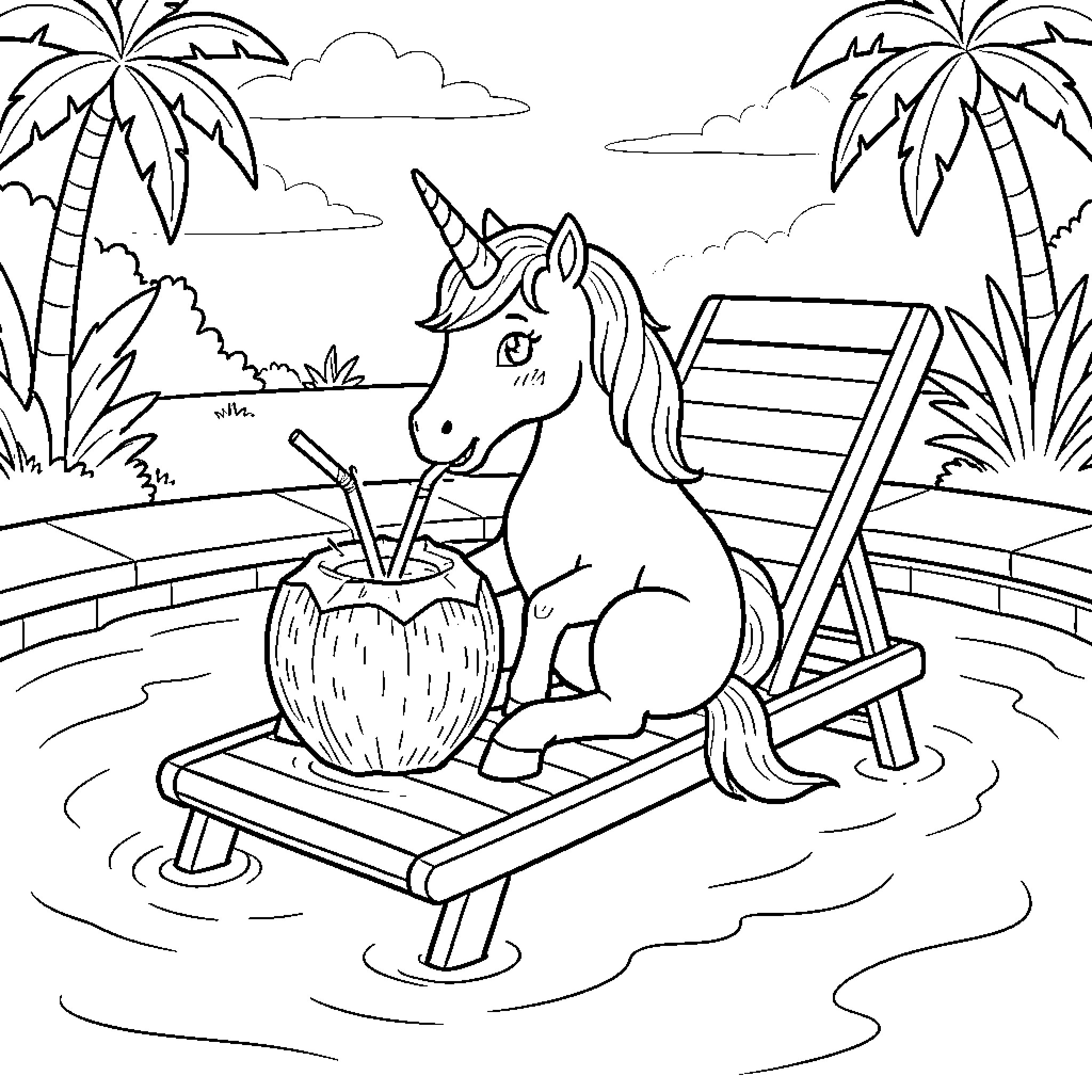 Licorne relaxing on a lounge chair drinking coconut water Coloring Page (free black-and-white line drawing printable PDF for all, from beginners to advanced learners, including children, teens, adults, and seniors)