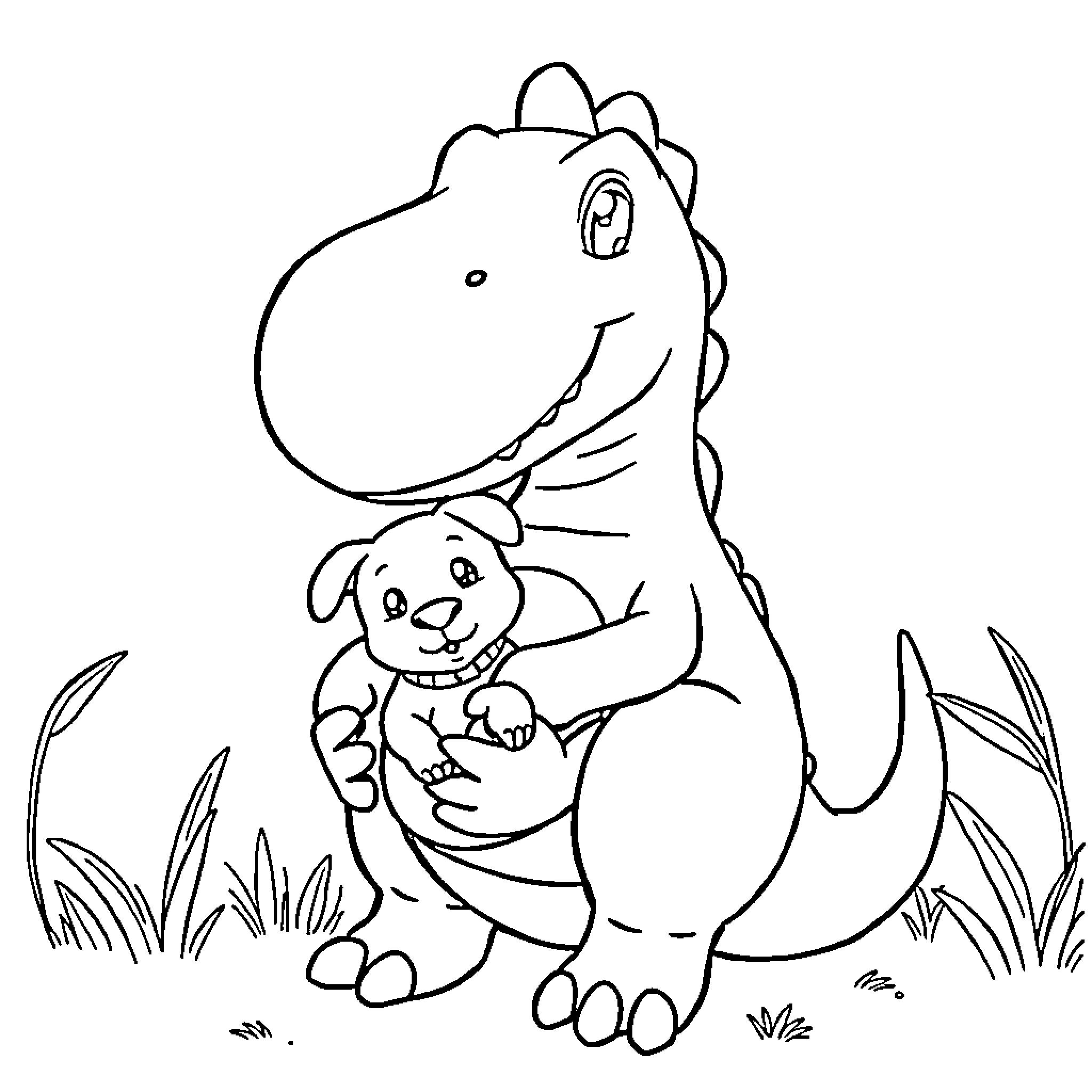 Dinosaur and Bunny Playing Together Coloring Page (free black-and-white line drawing printable PDF for all, from beginners to advanced learners, including children, teens, adults, and seniors)