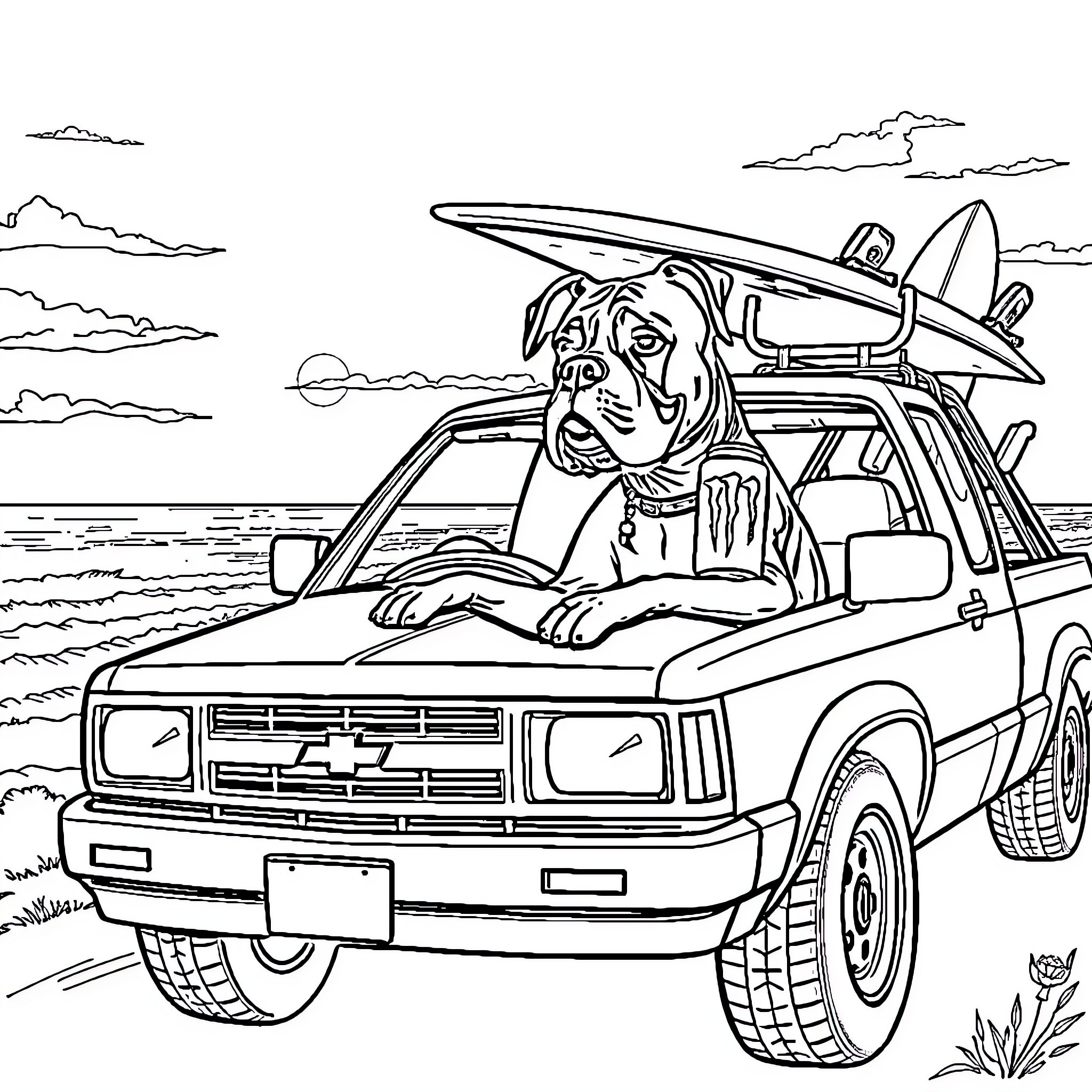Boxer driving pickup truck with surfboard on the beach Coloring Page (free black-and-white line drawing printable PDF for all, from beginners to advanced learners, including children, teens, adults, and seniors)