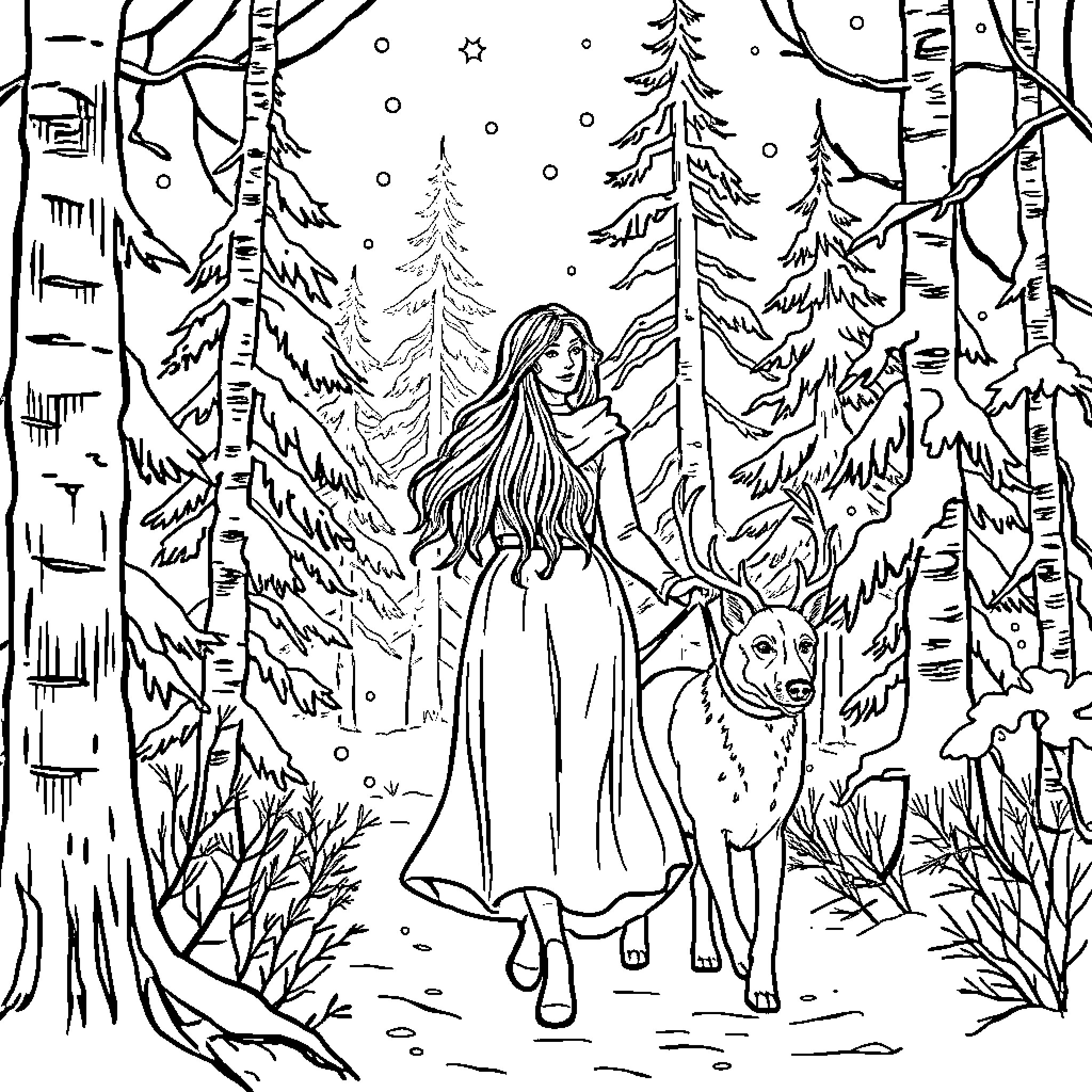 Lady walking through the enchanting winter forest Coloring Page (free black-and-white line drawing printable PDF for all, from beginners to advanced learners, including children, teens, adults, and seniors)