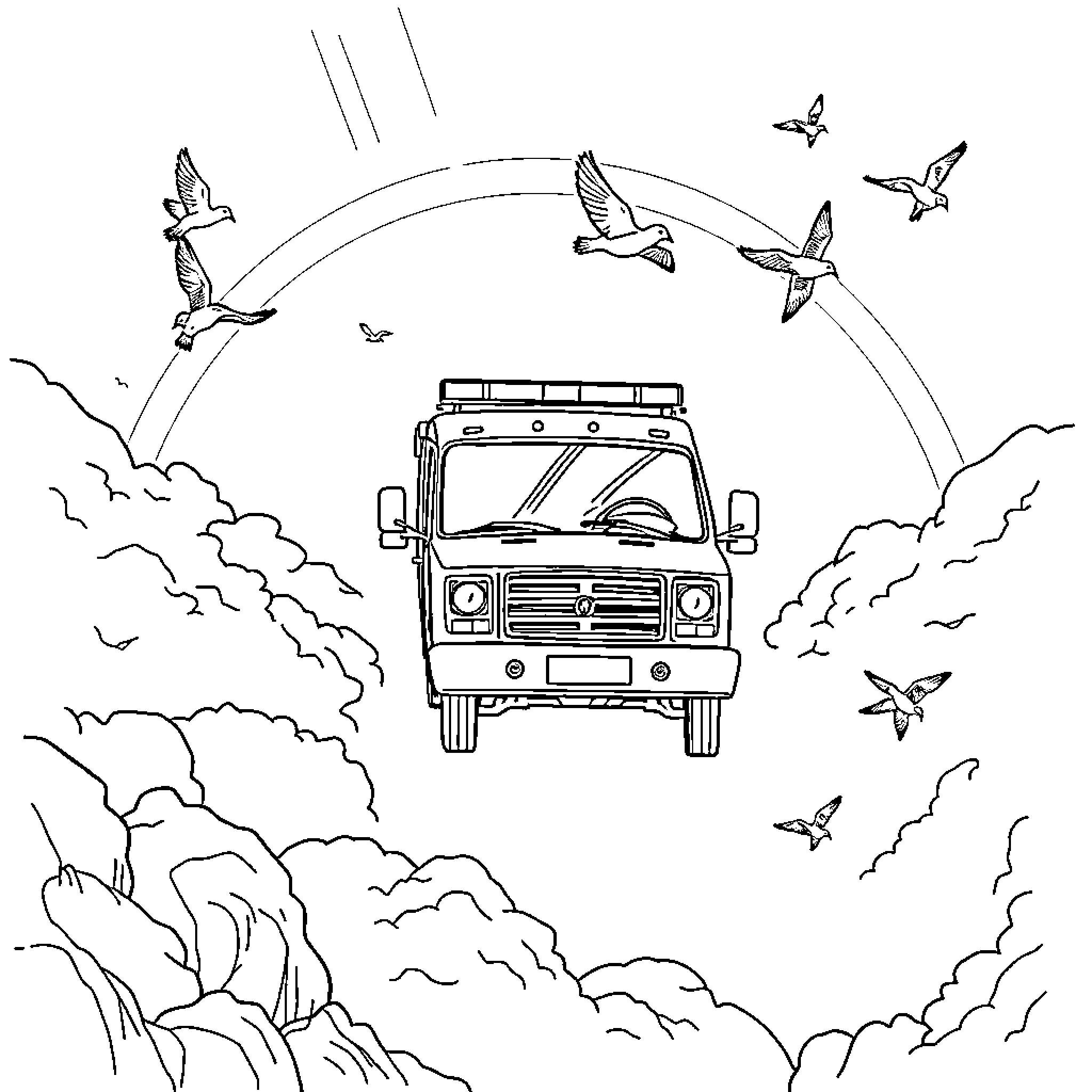 Ambulance responding to emergency in mountains Coloring Page (free black-and-white line drawing printable PDF for all, from beginners to advanced learners, including children, teens, adults, and seniors)