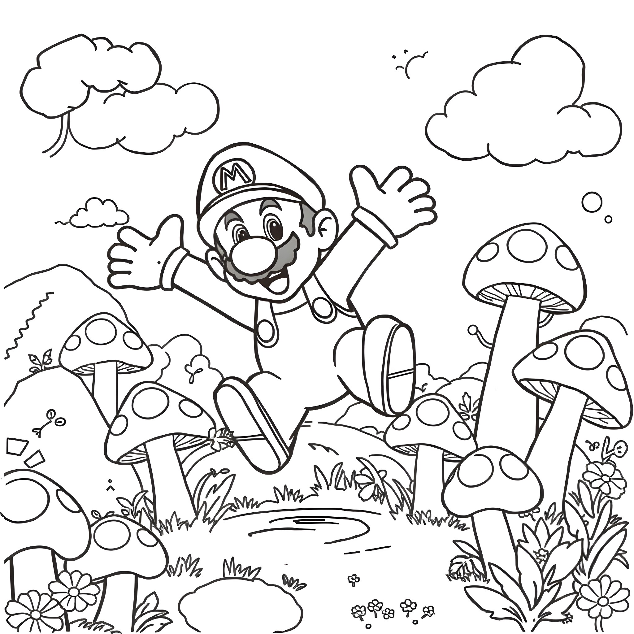 Mario jumping happily in a mushroom-filled forest Coloring Page (free black-and-white line drawing printable PDF for all, from beginners to advanced learners, including children, teens, adults, and seniors)