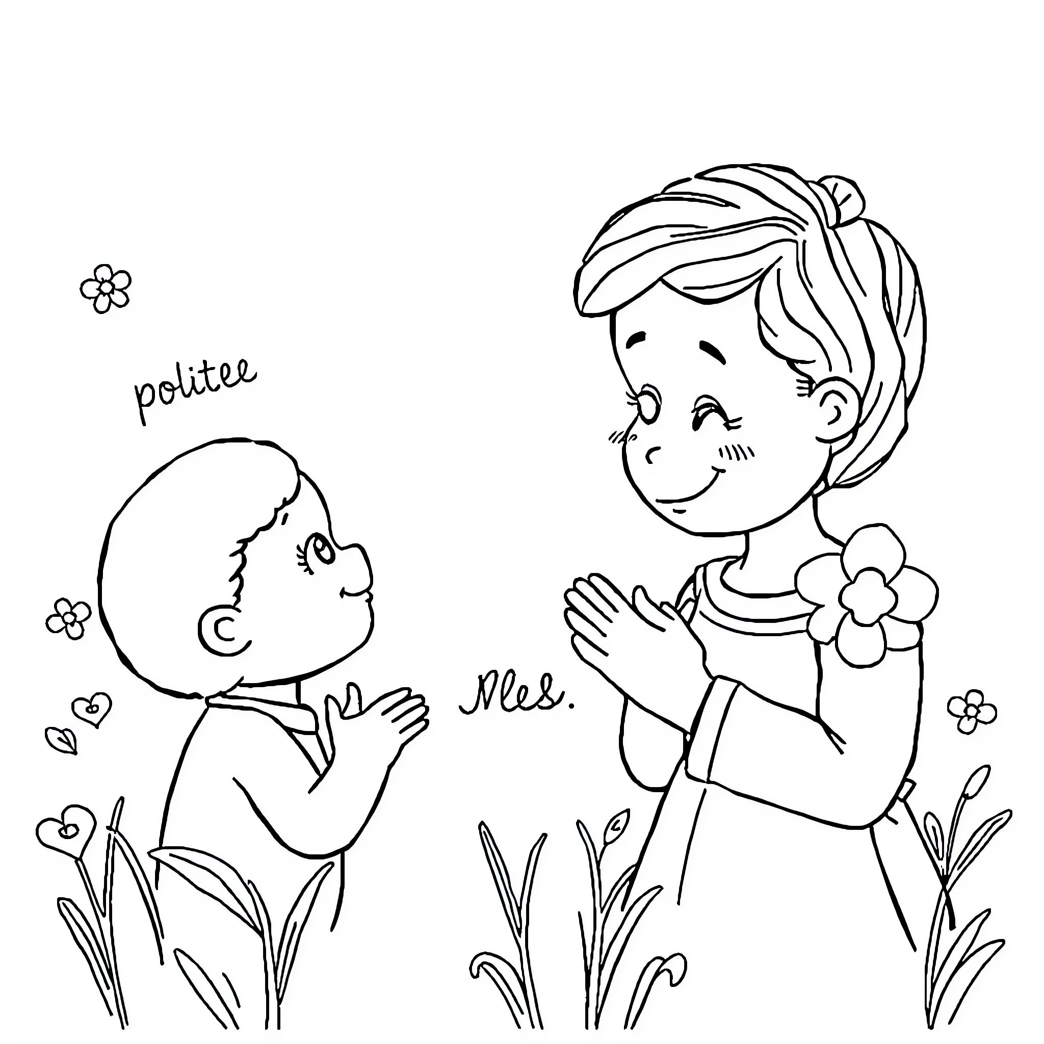 Kindness shown through compassionate interaction Coloring Page (free black-and-white line drawing printable PDF for all, from beginners to advanced learners, including children, teens, adults, and seniors)