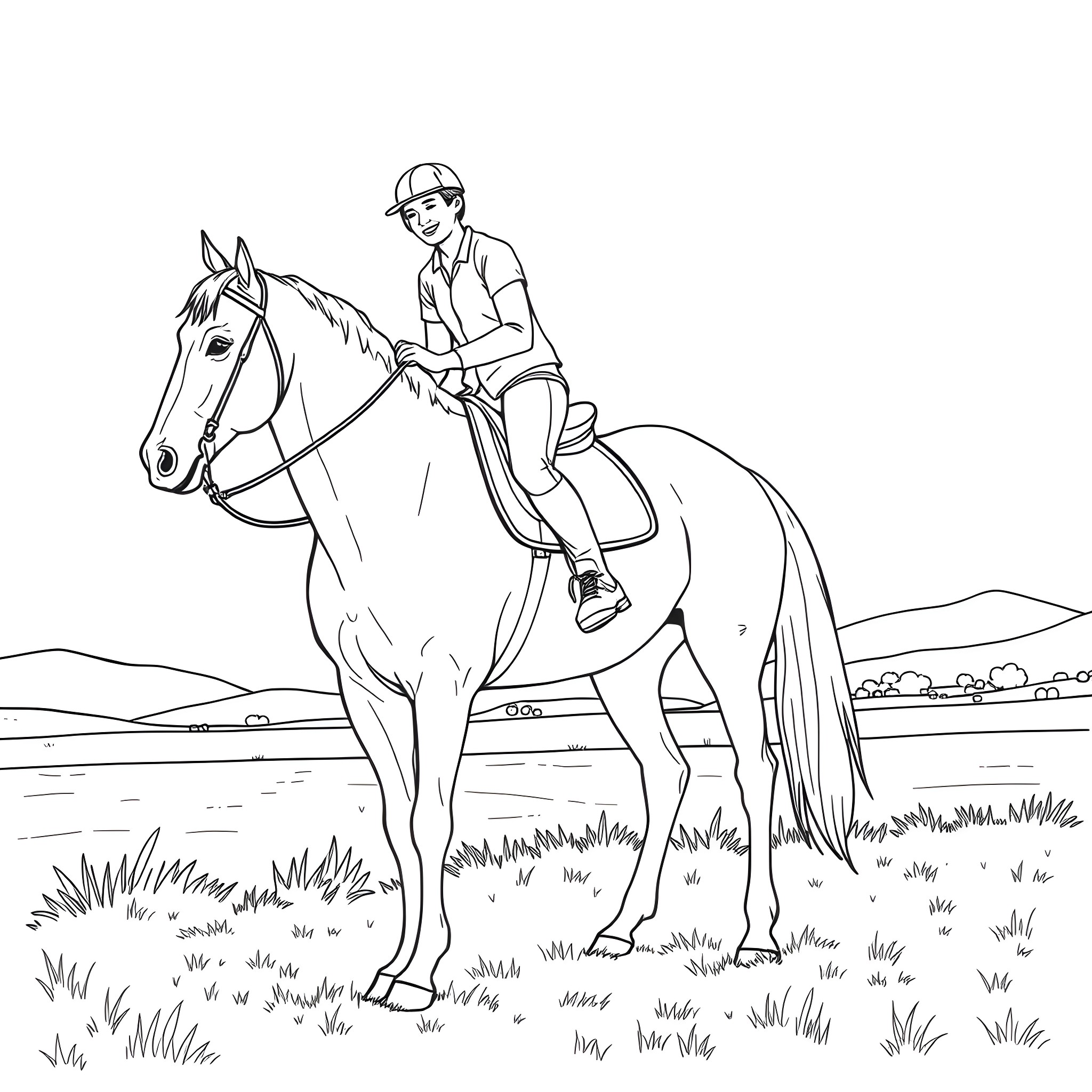 Horserider traversing through the countryside Coloring Page (free black-and-white line drawing printable PDF for all, from beginners to advanced learners, including children, teens, adults, and seniors)