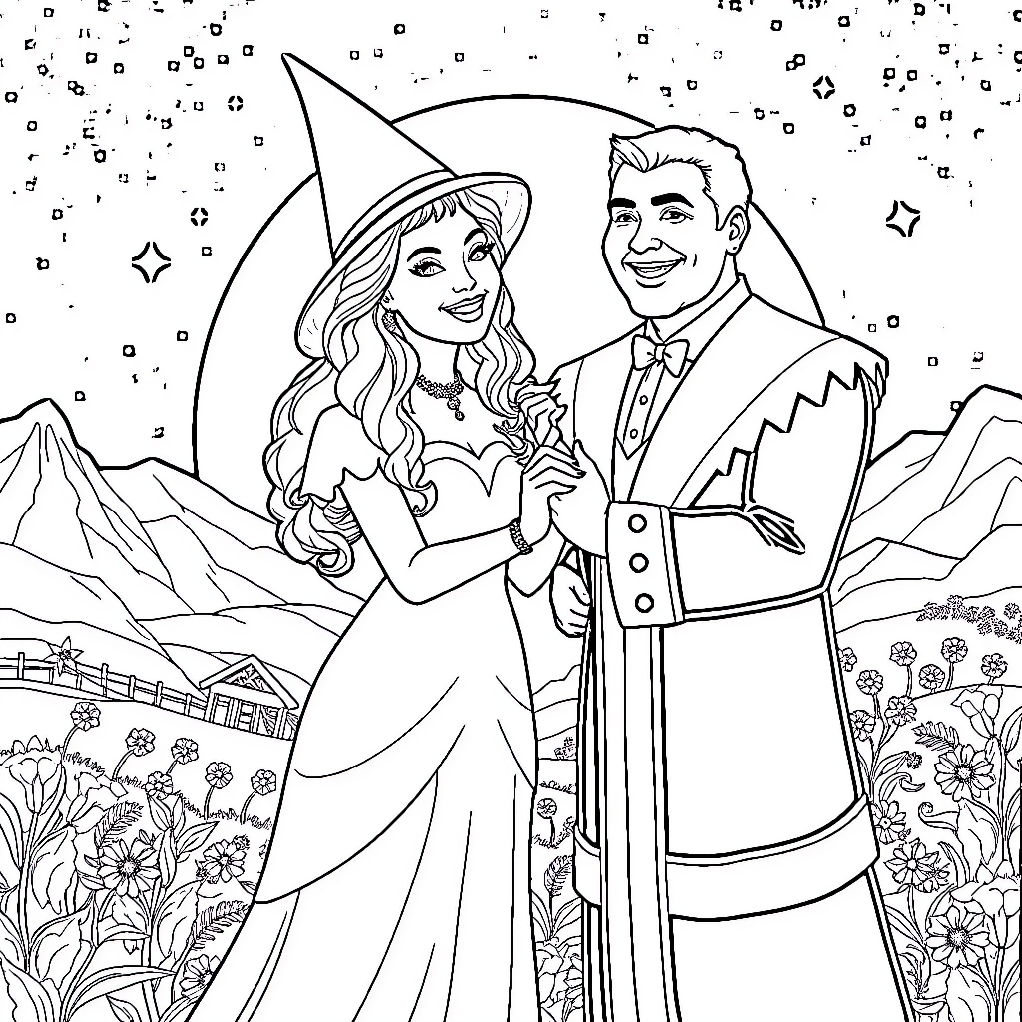 Glinda and her companion in a whimsical, enchanted scene Coloring Page (free black-and-white line drawing printable PDF for all, from beginners to advanced learners, including children, teens, adults, and seniors)