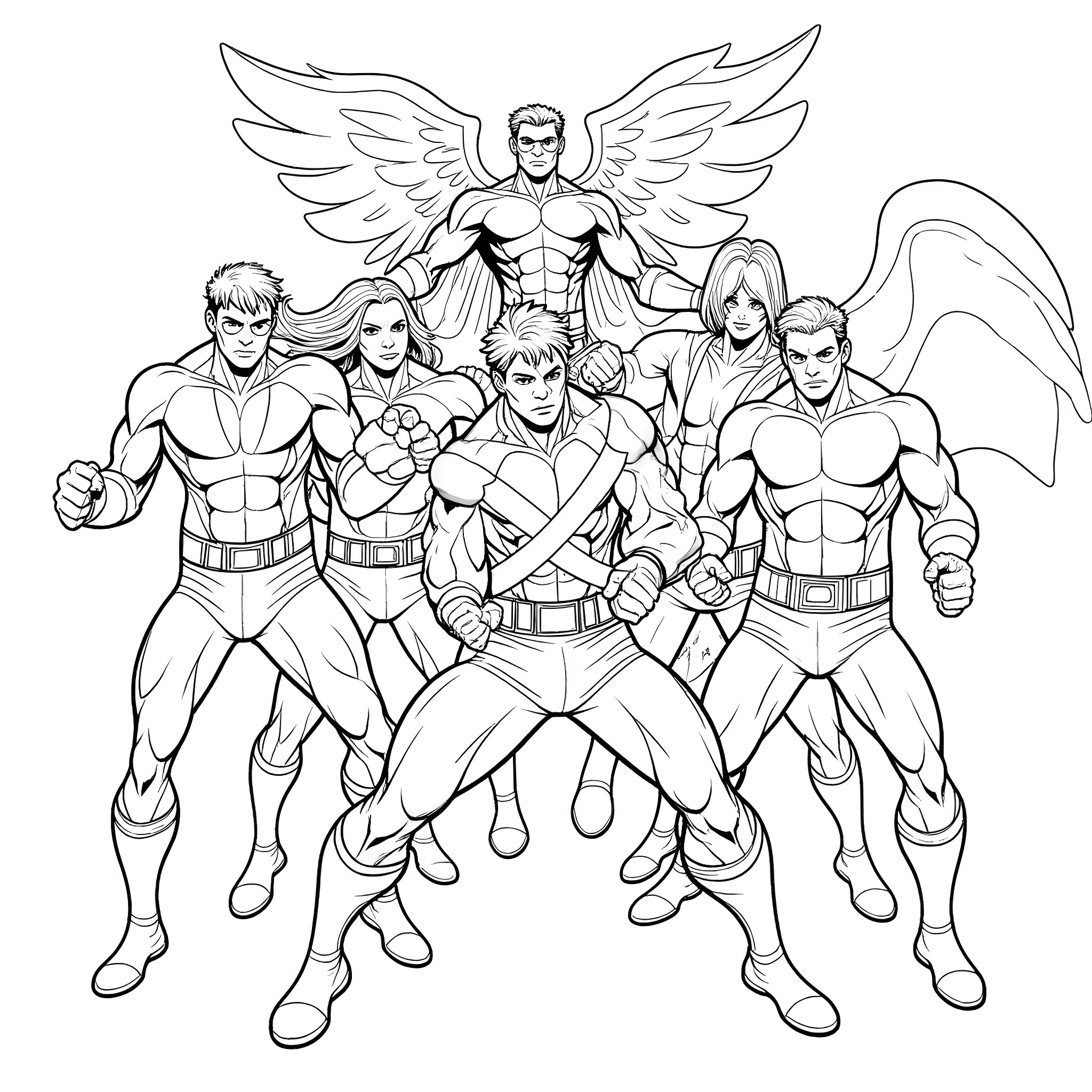 X-Men: Heroic Ensemble in Action Poses Coloring Page (free black-and-white line drawing printable PDF for all, from beginners to advanced learners, including children, teens, adults, and seniors)