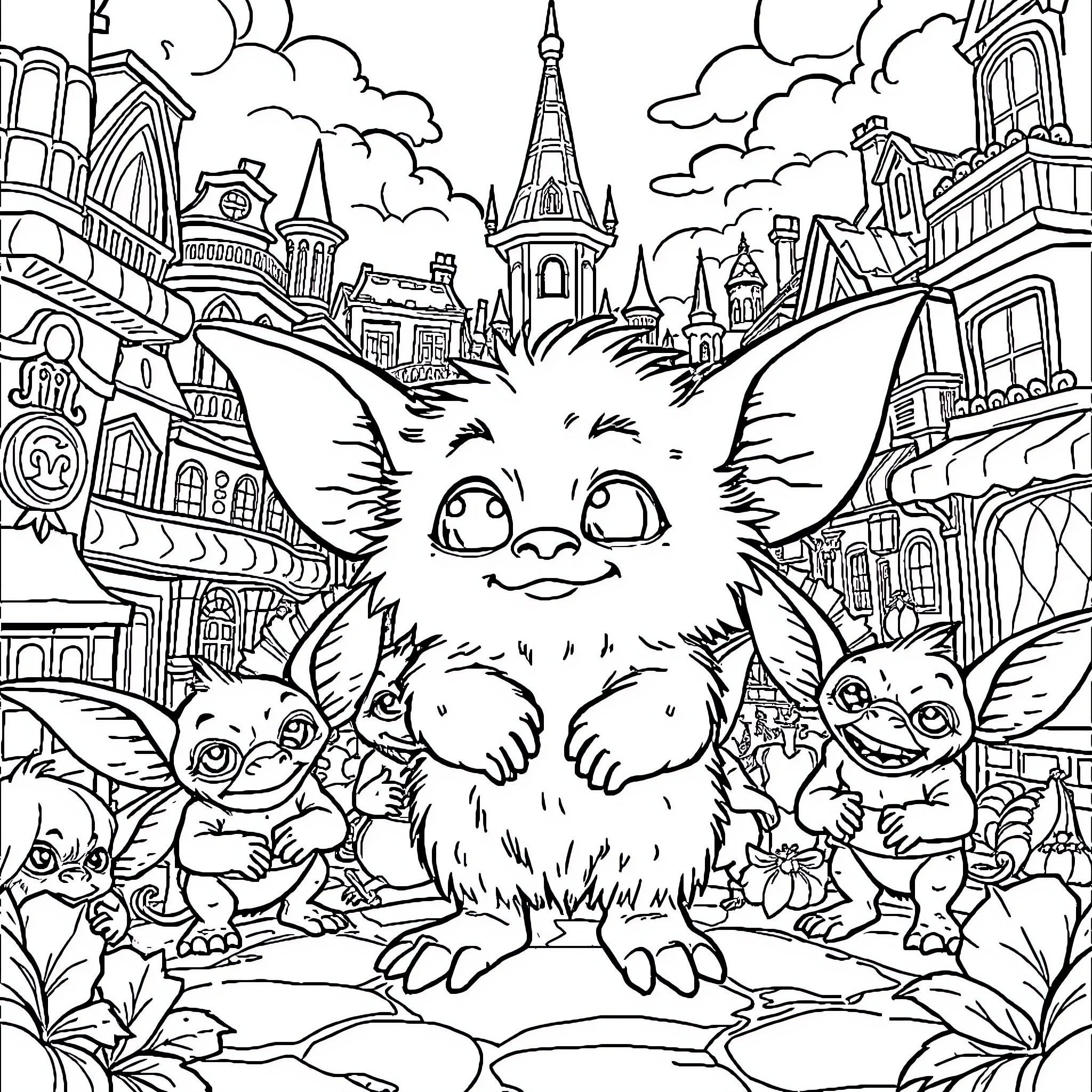 Gizmo and Mogwai Exploring Fantastical City Coloring Page (free black-and-white line drawing printable PDF for all, from beginners to advanced learners, including children, teens, adults, and seniors)
