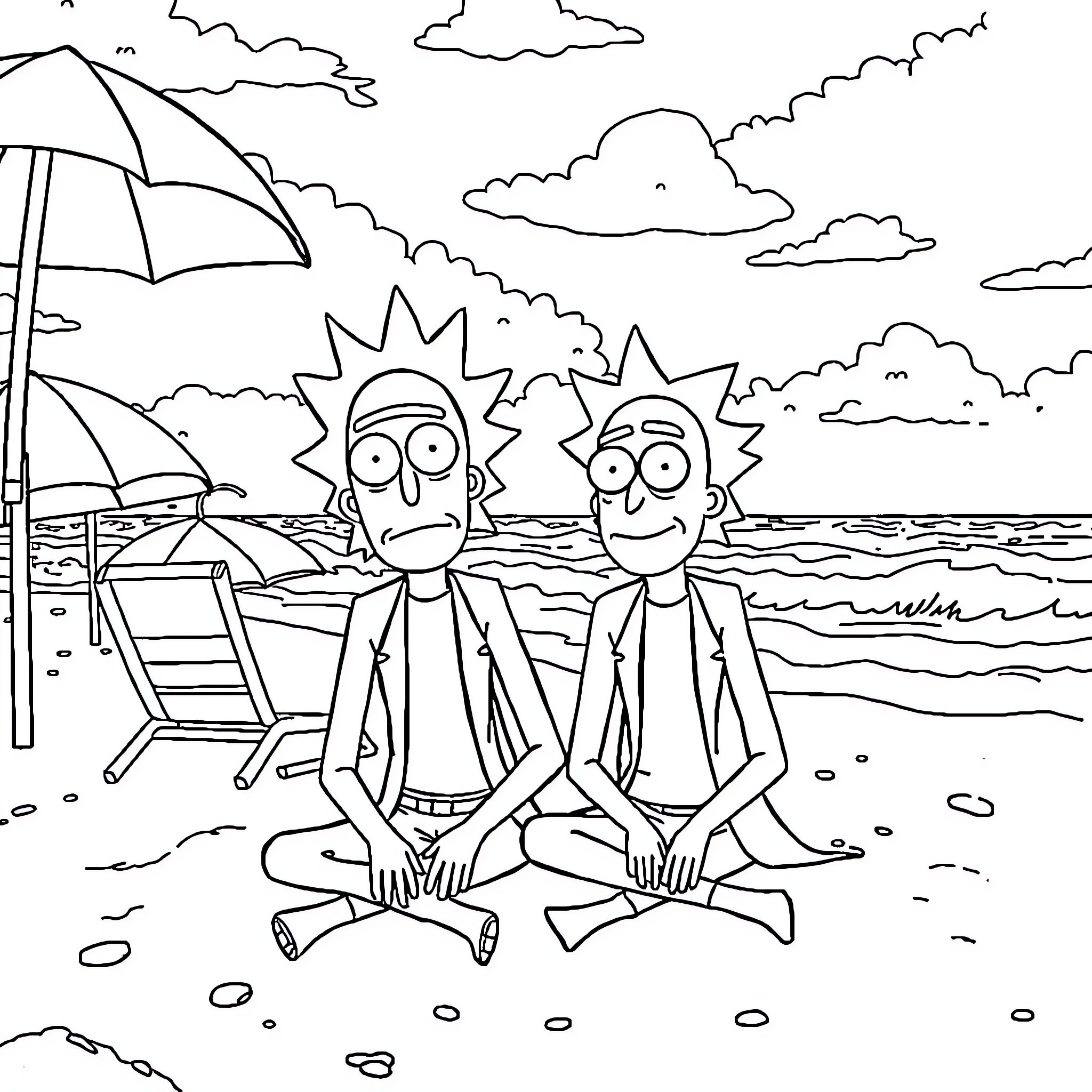 Rick And Morty Relaxing on the Beach Coloring Page (free black-and-white line drawing printable PDF for all, from beginners to advanced learners, including children, teens, adults, and seniors)