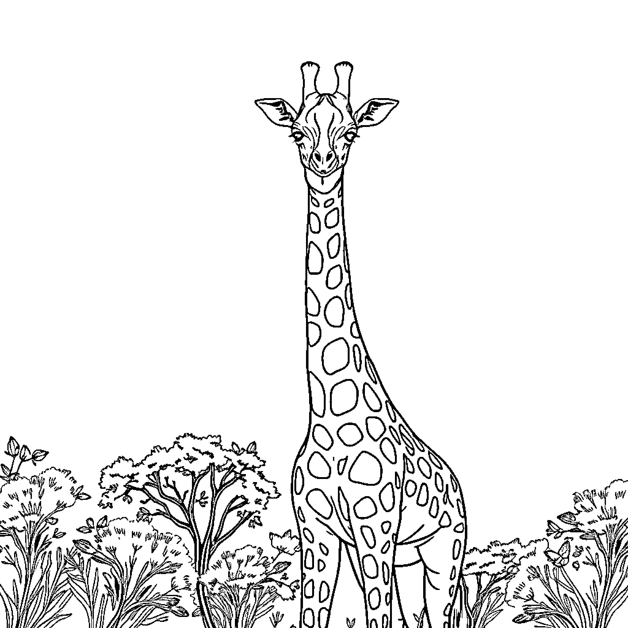 Giraffe enjoying the lush vegetation Coloring Page (free black-and-white line drawing printable PDF for all, from beginners to advanced learners, including children, teens, adults, and seniors)