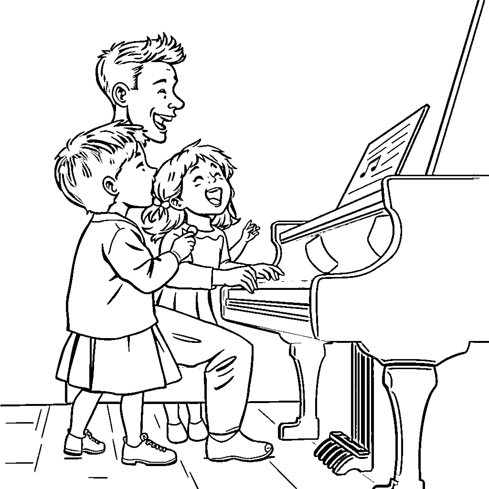 Kid siblings playing piano happily together Coloring Page (free black-and-white line drawing printable PDF for all, from beginners to advanced learners, including children, teens, adults, and seniors)