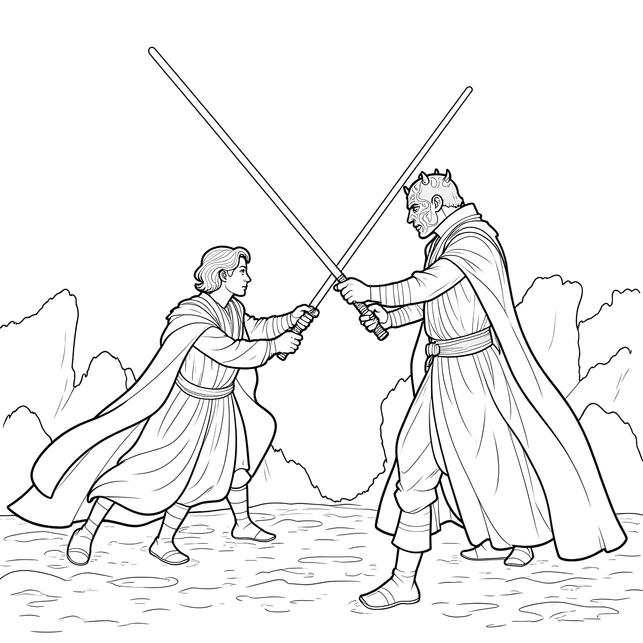 Bilbo Baggins engages in a duel with an armored figure Coloring Page (free black-and-white line drawing printable PDF for all, from beginners to advanced learners, including children, teens, adults, and seniors)