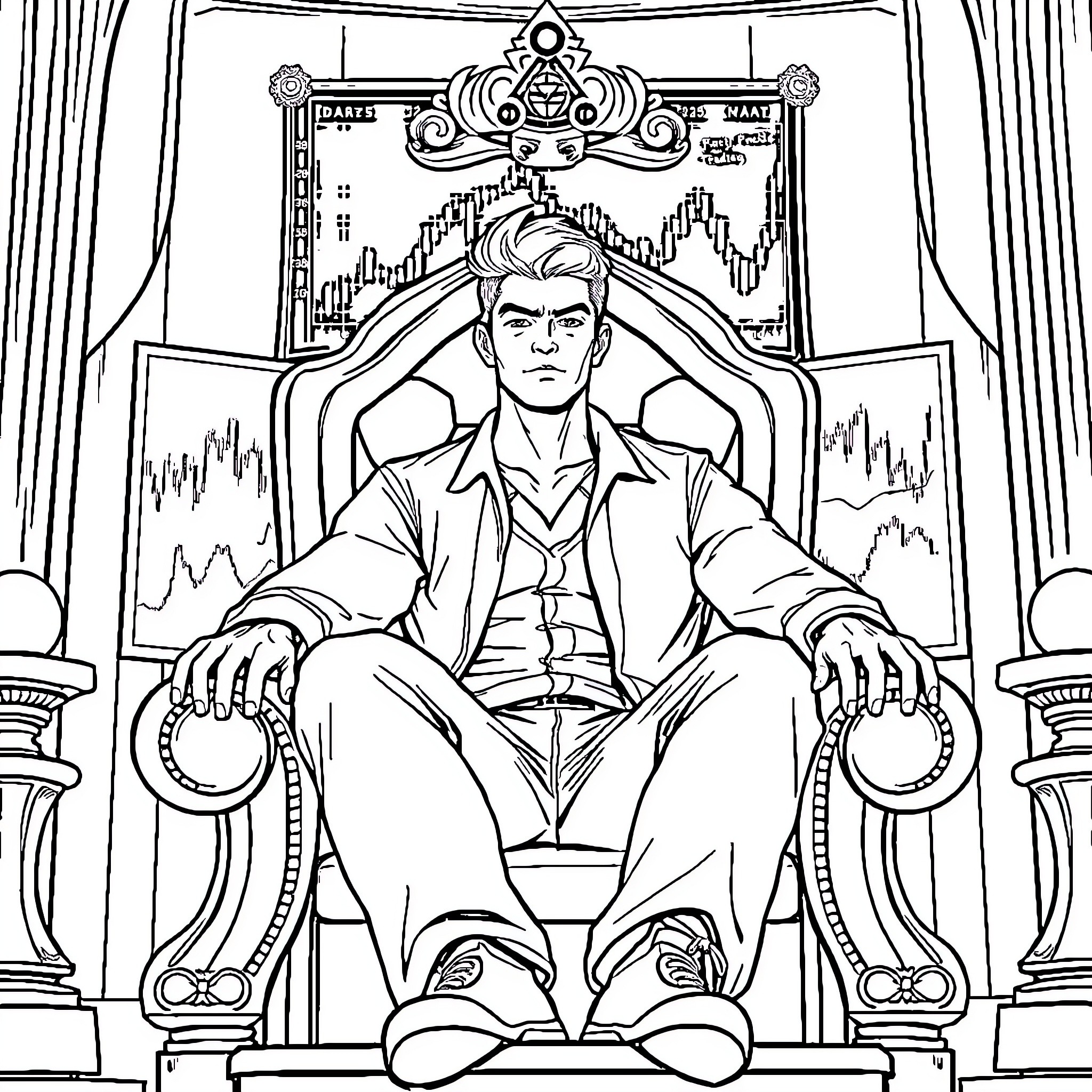 Dude in a regal pose on a throne-like chair Coloring Page (free black-and-white line drawing printable PDF for all, from beginners to advanced learners, including children, teens, adults, and seniors)