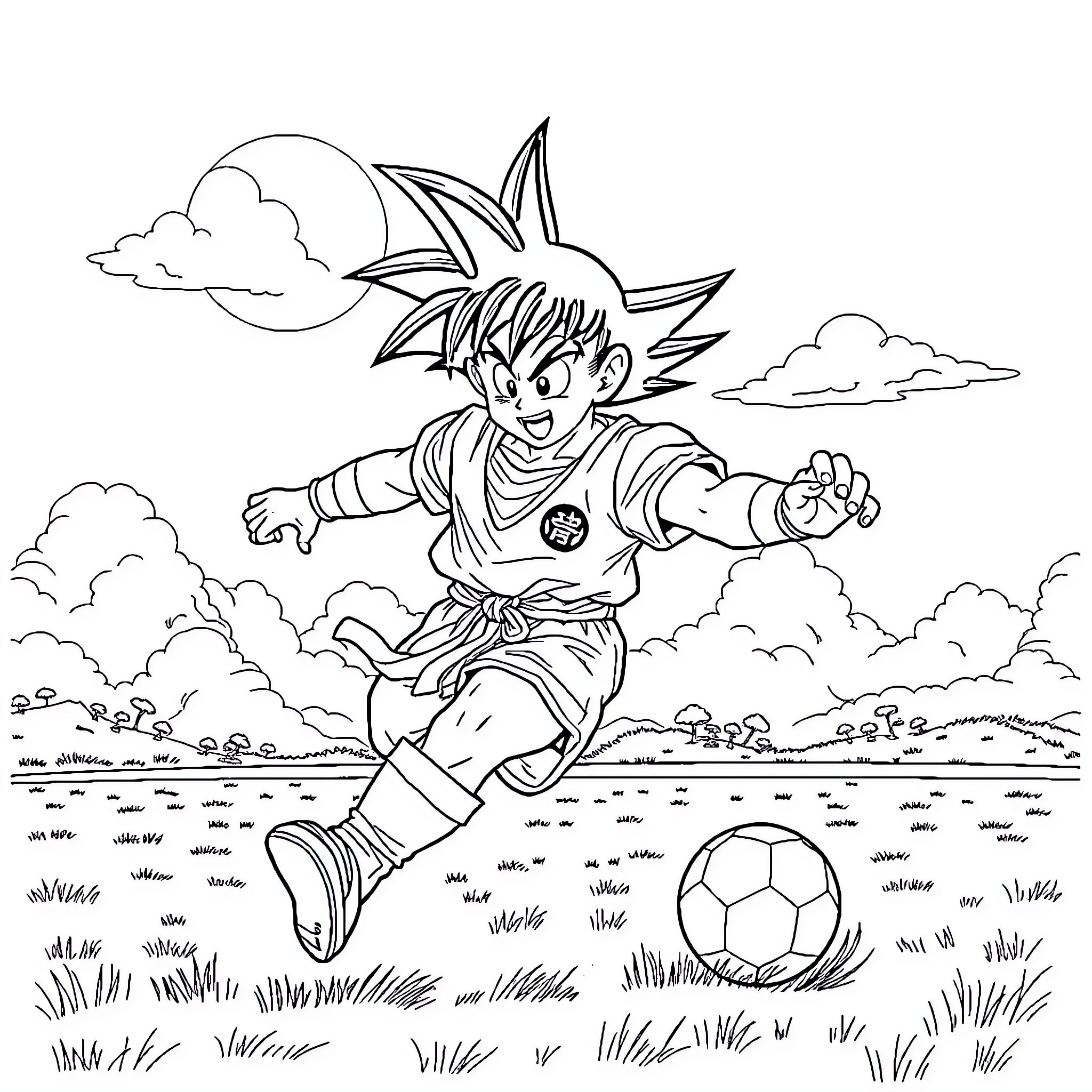 Goku playing soccer in the countryside Coloring Page (free black-and-white line drawing printable PDF for all, from beginners to advanced learners, including children, teens, adults, and seniors)