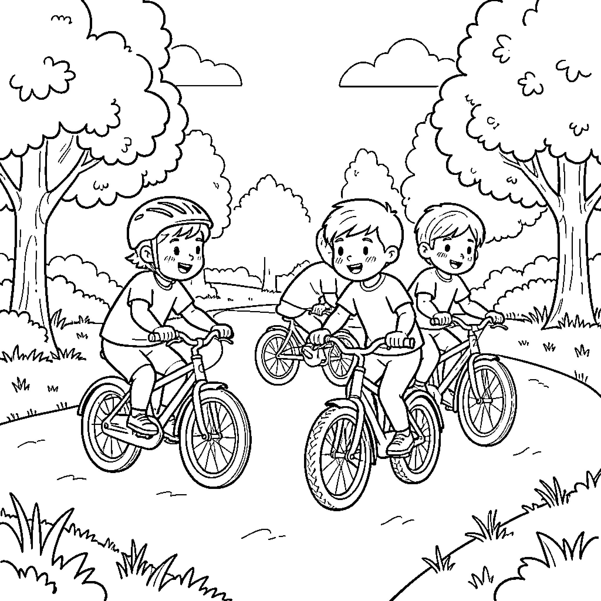 Child riding bicycles together on a park path Coloring Page (free black-and-white line drawing printable PDF for all, from beginners to advanced learners, including children, teens, adults, and seniors)